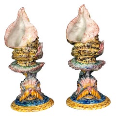Pair of Italian Majolica Conch/Dolphin Vases