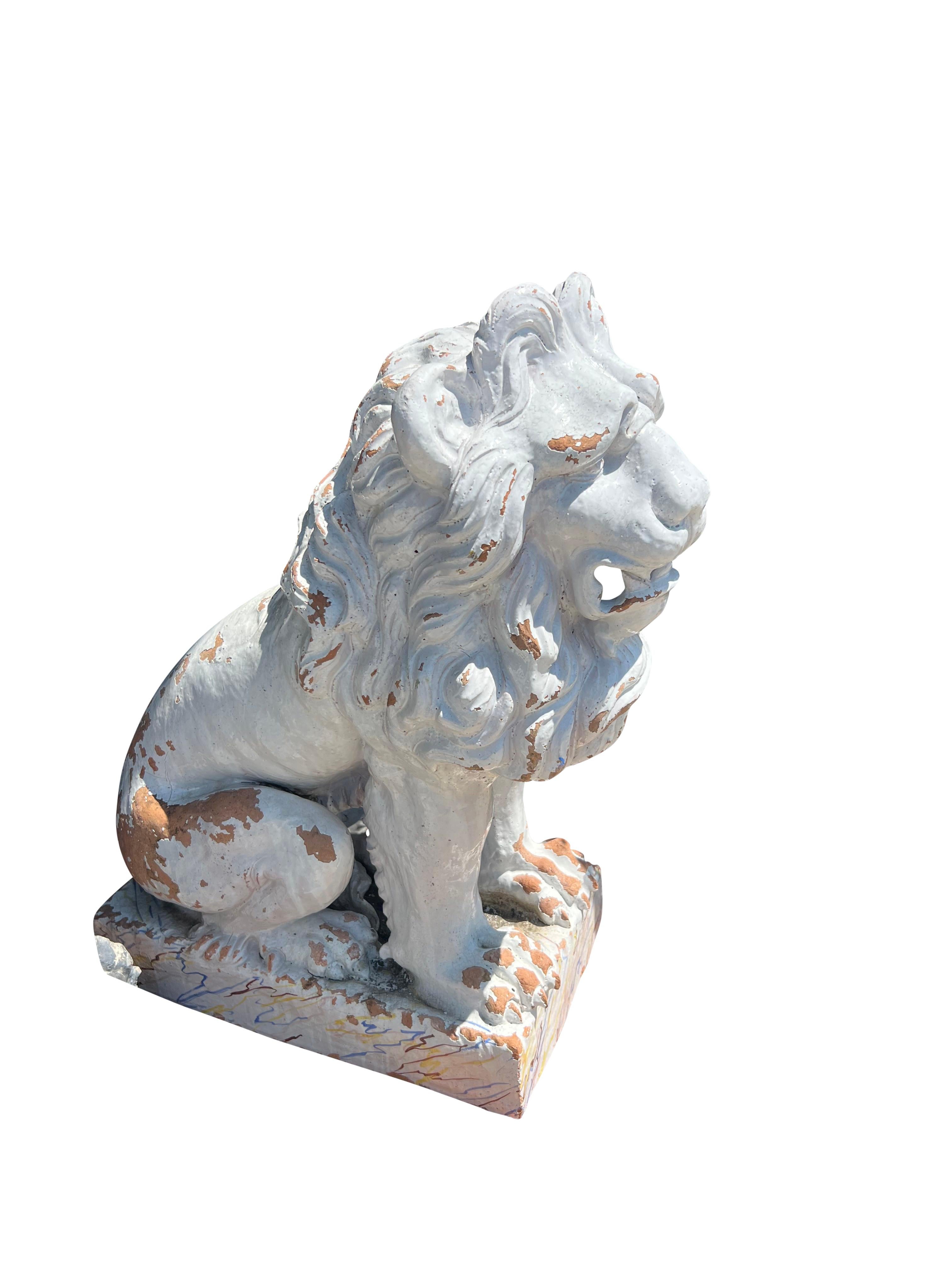 Pair Of Italian Majolica Garden Lions In Good Condition For Sale In Essex, MA