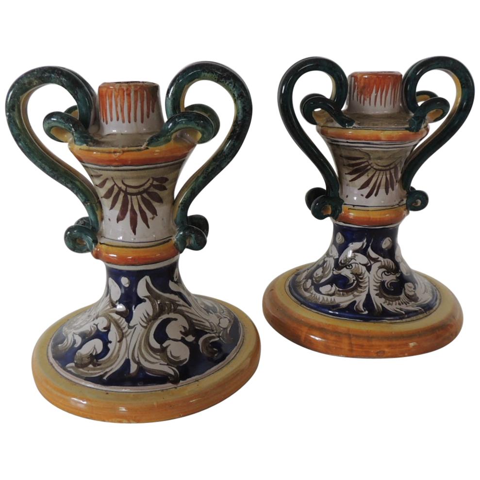 Pair of Italian Majolica Hand Painted Candleholders