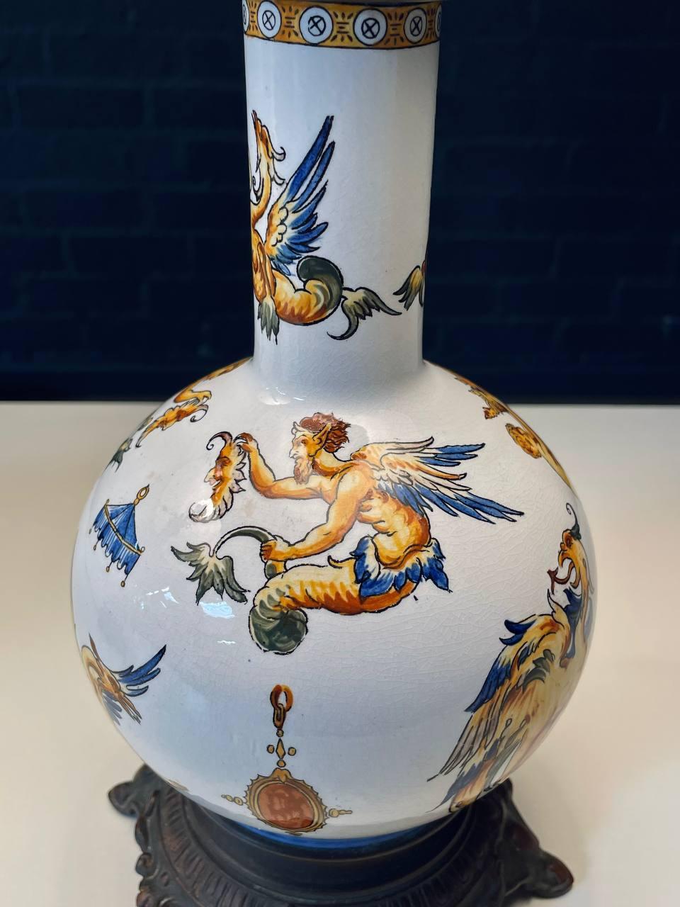 Pair of Italian Majolica Hand-Painted Table Lamps w/ Mythological Motifs For Sale 4