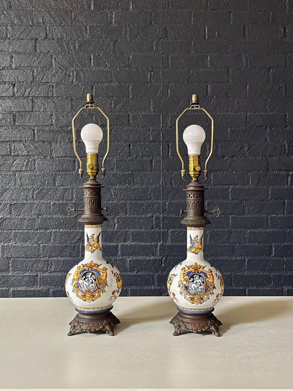 Other Pair of Italian Majolica Hand-Painted Table Lamps w/ Mythological Motifs For Sale