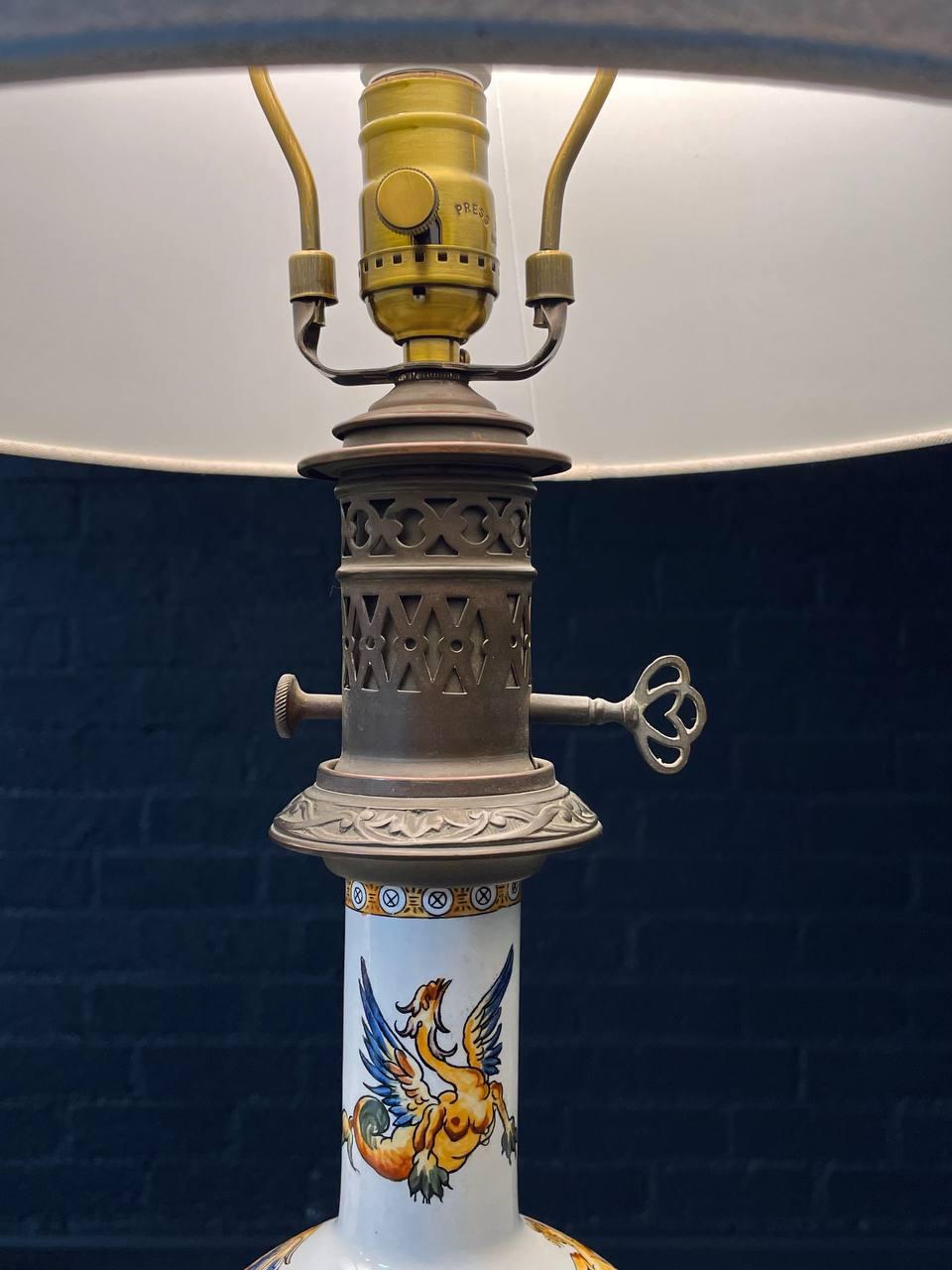 Pair of Italian Majolica Hand-Painted Table Lamps w/ Mythological Motifs For Sale 1