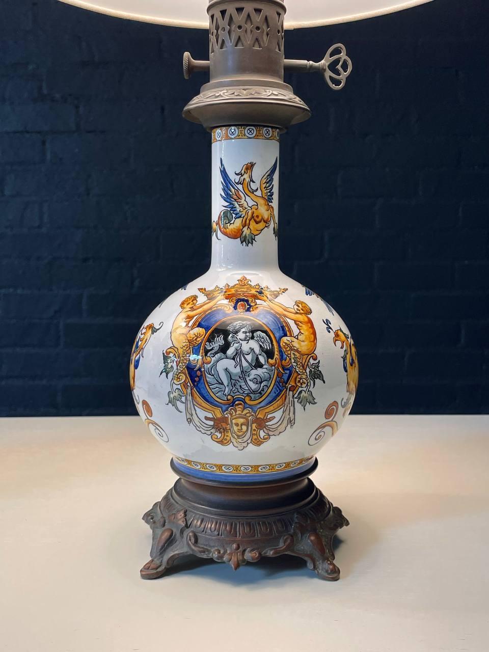 Pair of Italian Majolica Hand-Painted Table Lamps w/ Mythological Motifs For Sale 2