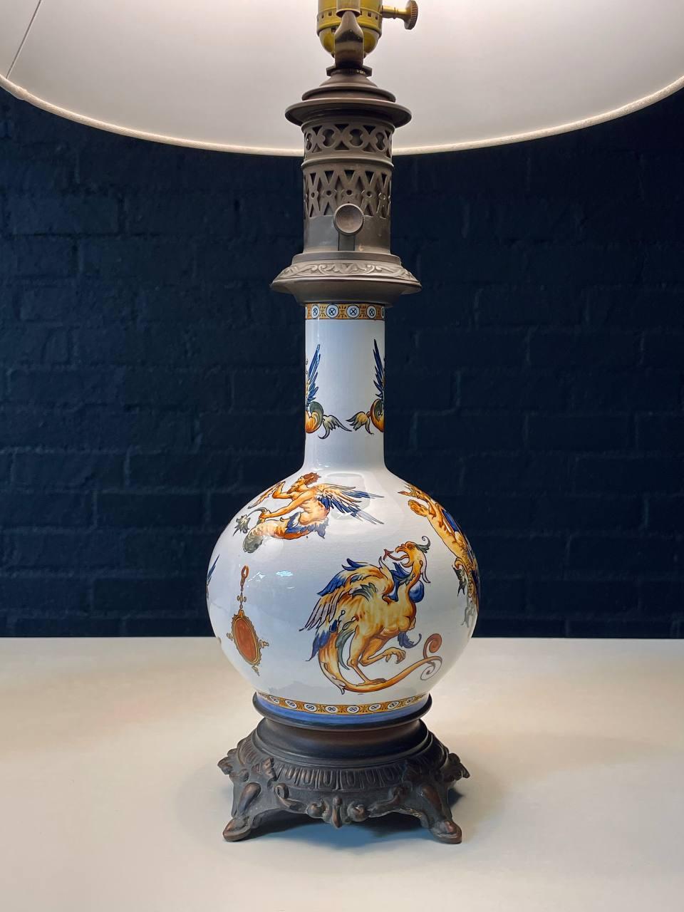Pair of Italian Majolica Hand-Painted Table Lamps w/ Mythological Motifs For Sale 3
