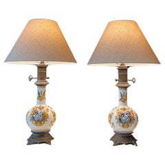 Pair of Italian Majolica Hand-Painted Table Lamps w/ Mythological Motifs