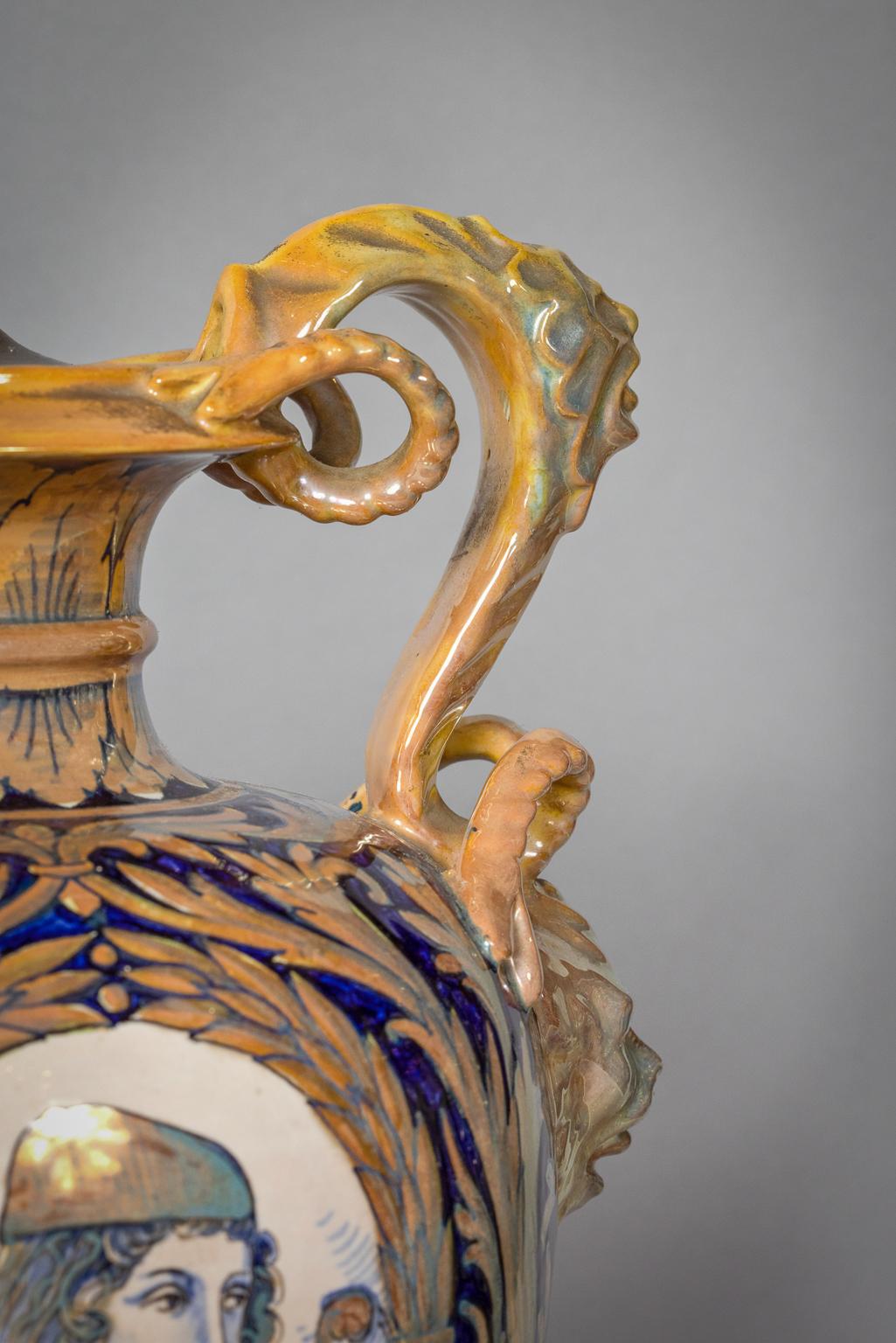 Urbino majolica lustre glazed scroll handled vases mounted as lamps.
Height of vase 15.5