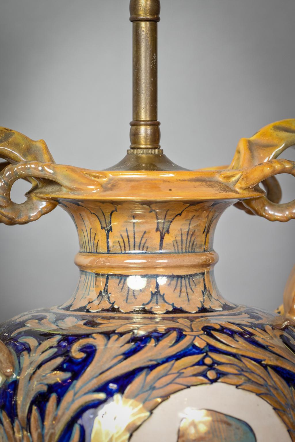 Pair of Italian Majolica Lamps, circa 1875 In Good Condition For Sale In New York, NY