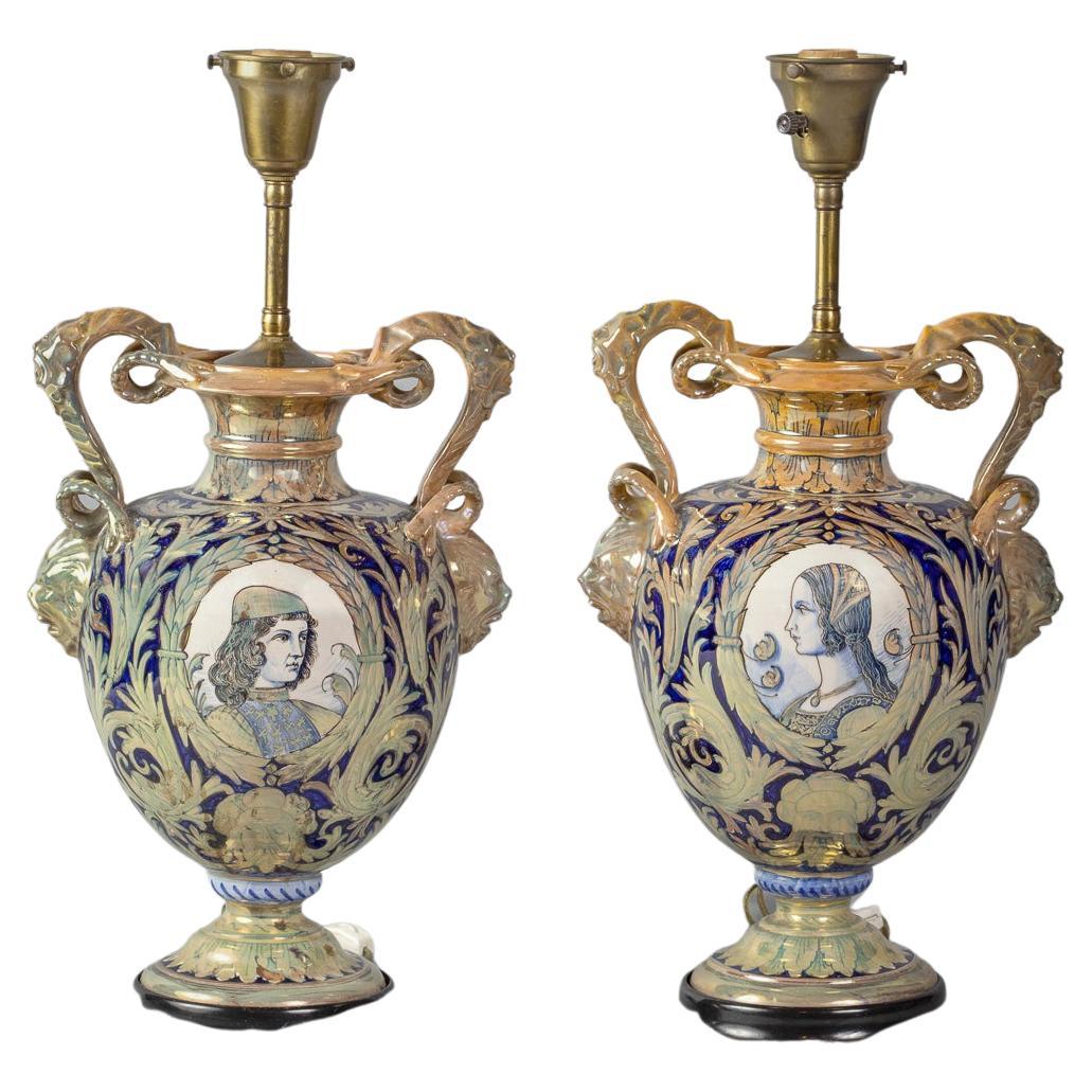 Pair of Italian Majolica Lamps, circa 1875 For Sale