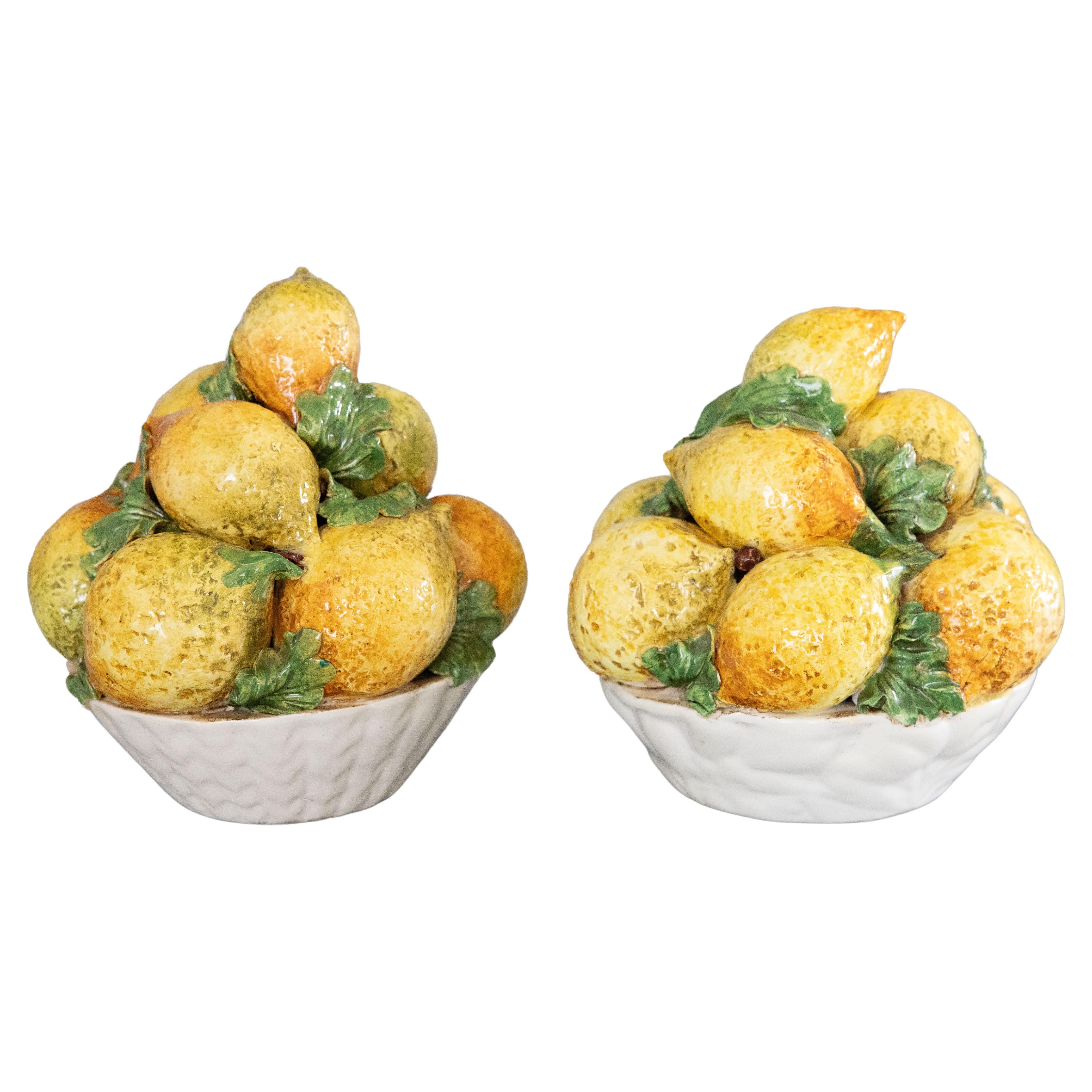 Pair of Italian Majolica Lemon Basket Topiary Centerpieces, circa 1950 For Sale