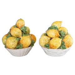 Pair of Italian Majolica Lemon Basket Topiary Centerpieces, circa 1950