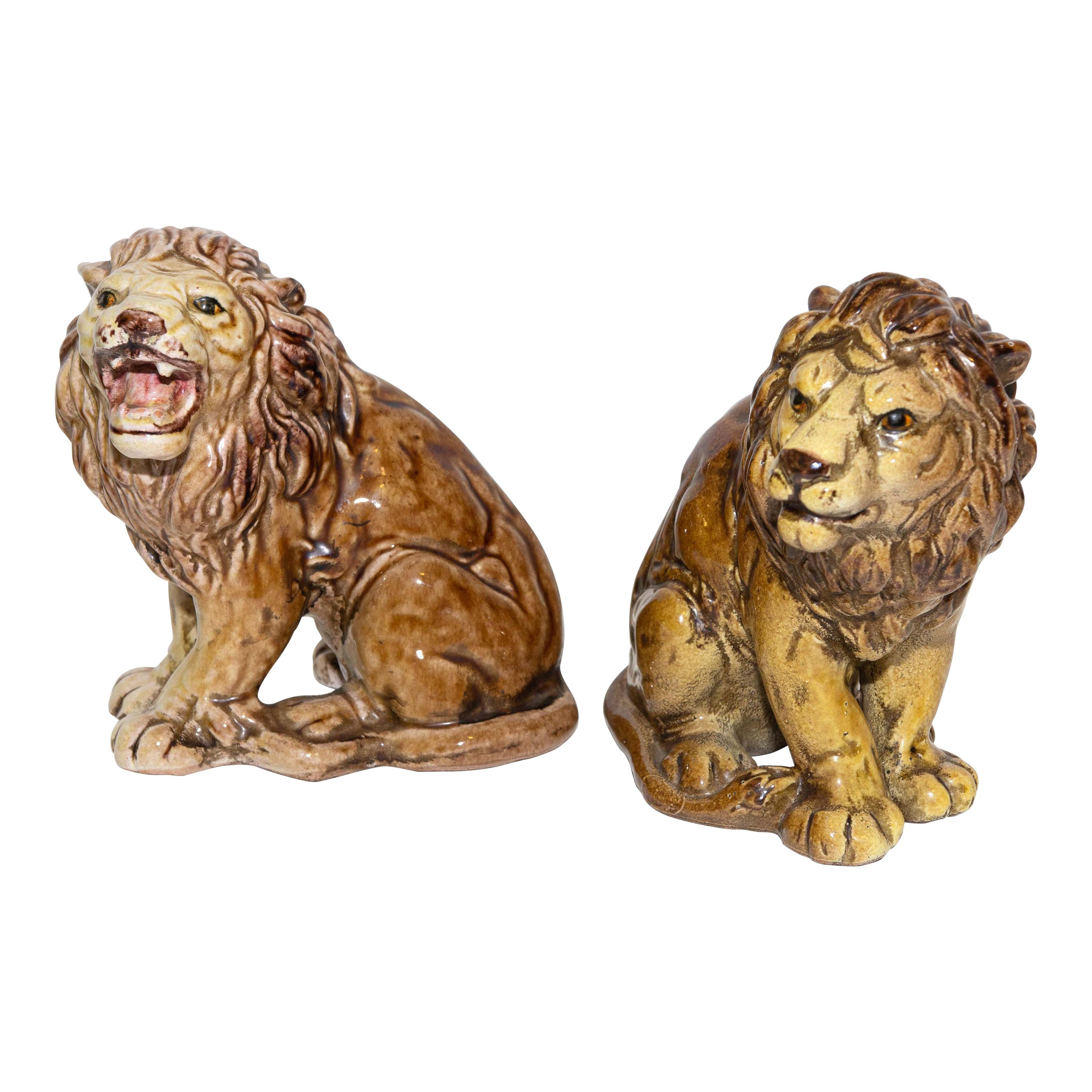 Pair of Italian Majolica Lions