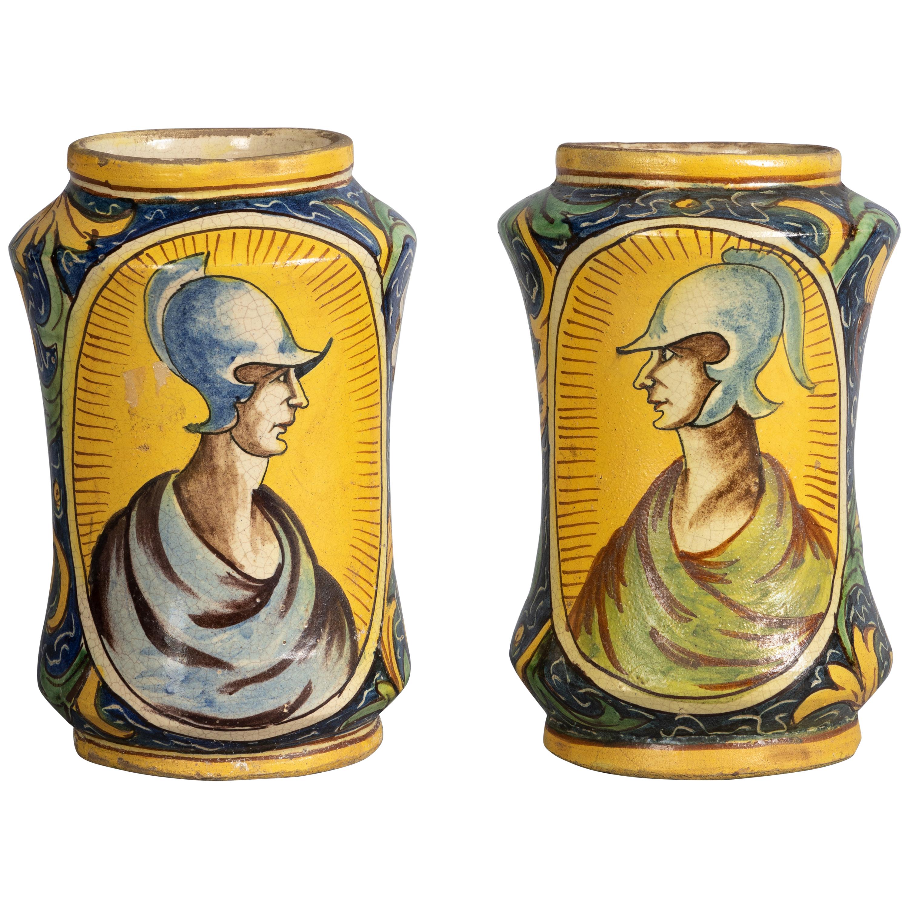 Pair of Italian Majolica Portrait Albarellos, 19th Century