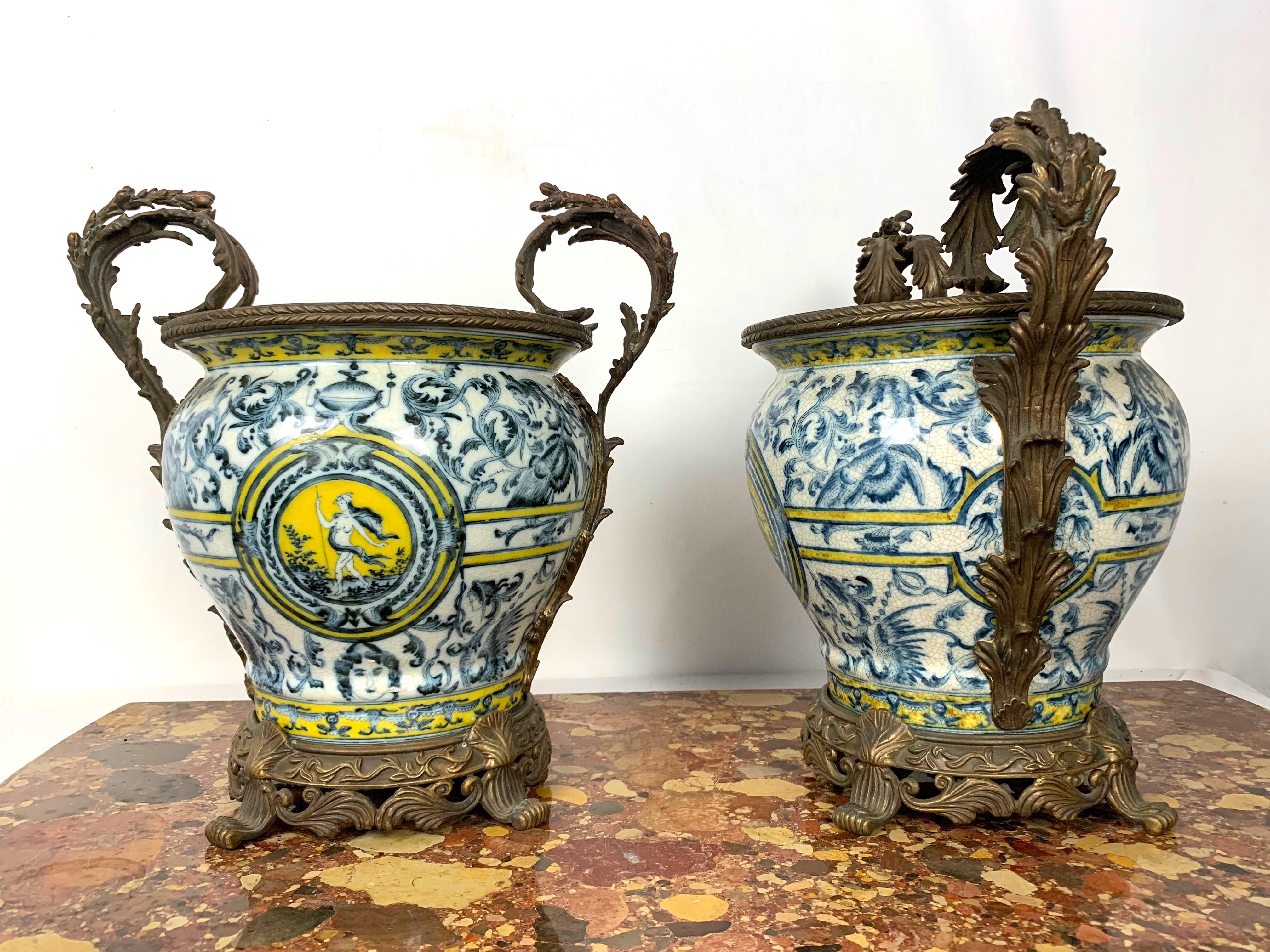 Renaissance Pair of Italian Majolica Urns