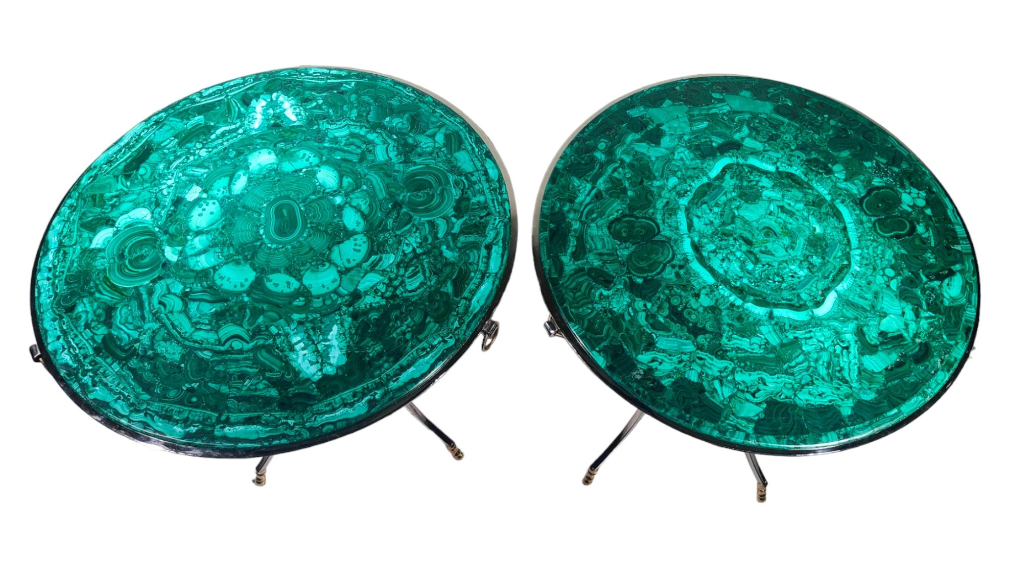Pair Of Italian Malachite Tables
Elegant Malachite Tables Made in Italy in the 1950s - Premium Triple A Quality Malachite. Malachite is a semi-precious stone used in jewelry. The structure of the table is in polished steel and bronze legs.