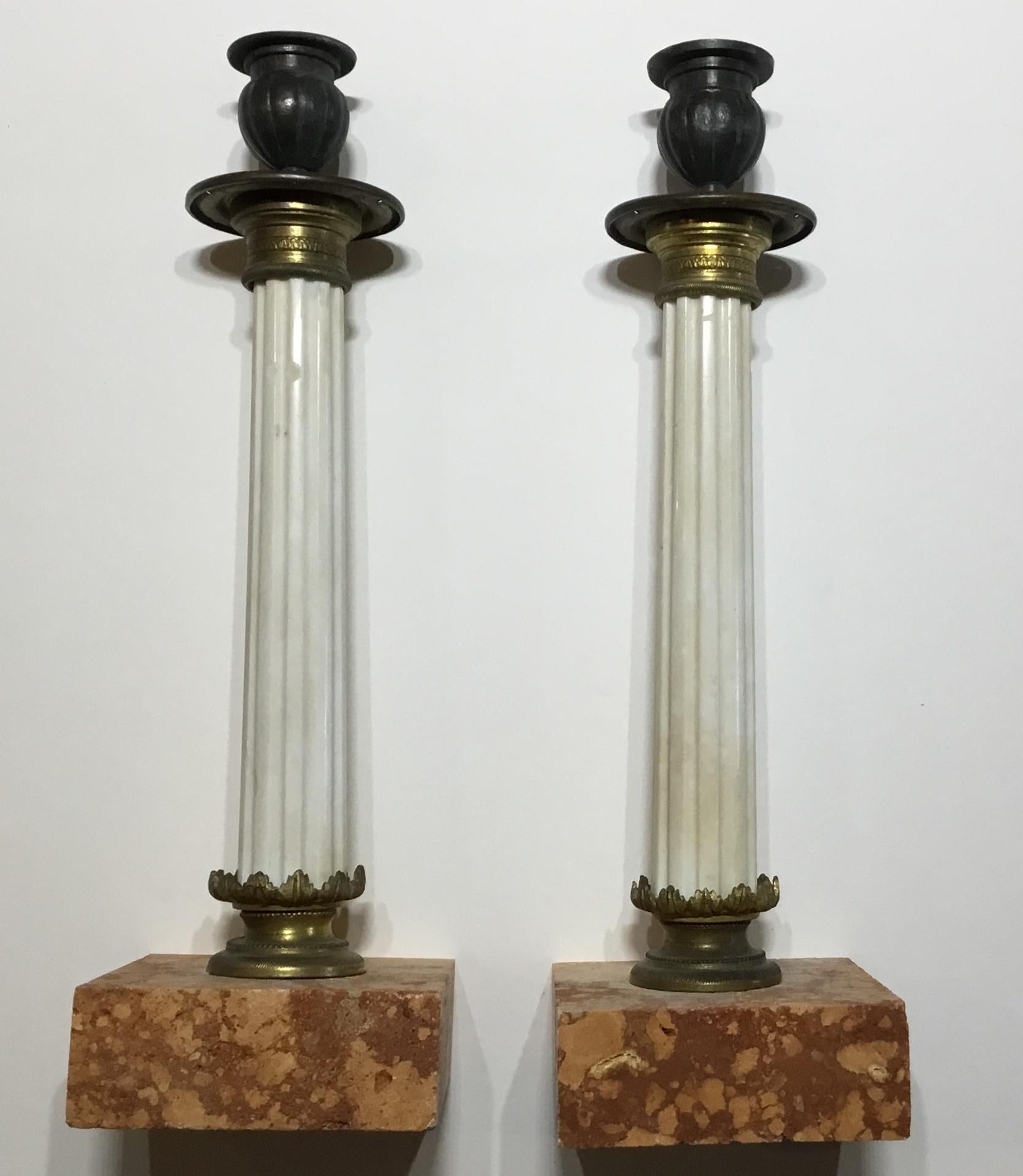 Pair of Italian Marbel and Bronze Candlestick In Good Condition In Delray Beach, FL