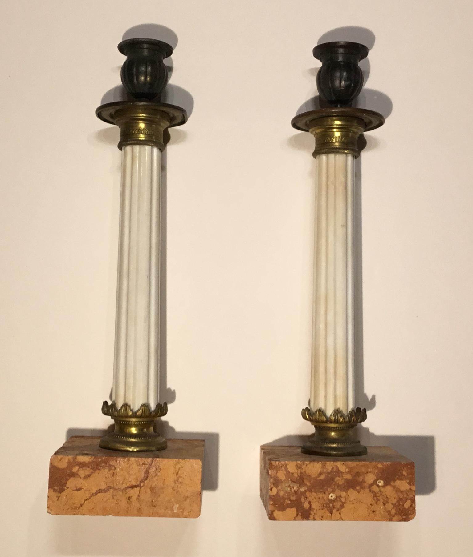 Brass Pair of Italian Marbel and Bronze Candlestick
