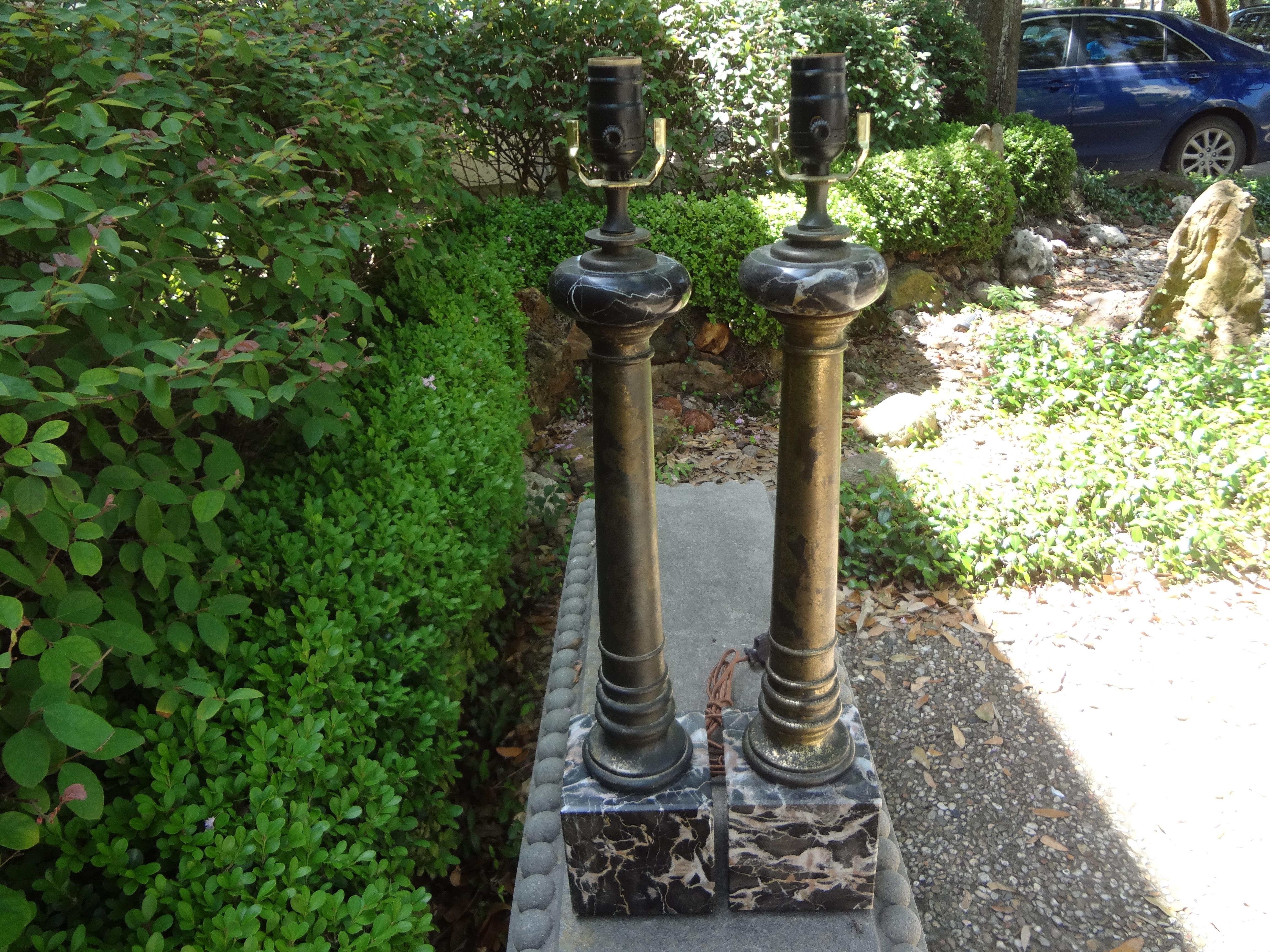 Pair of Italian Marble and Tole Column Lamps 4