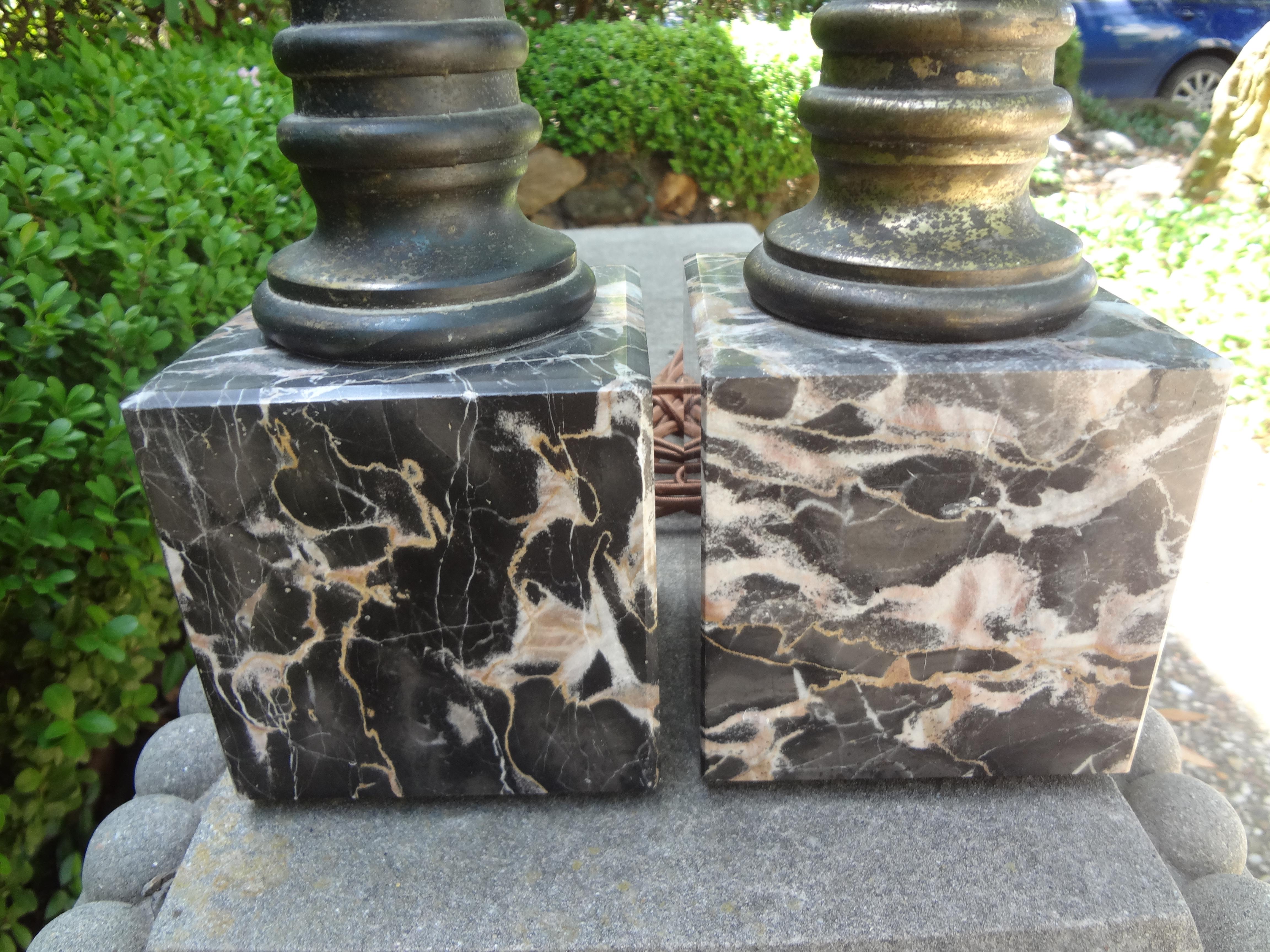 Hollywood Regency Pair of Italian Marble and Tole Column Lamps
