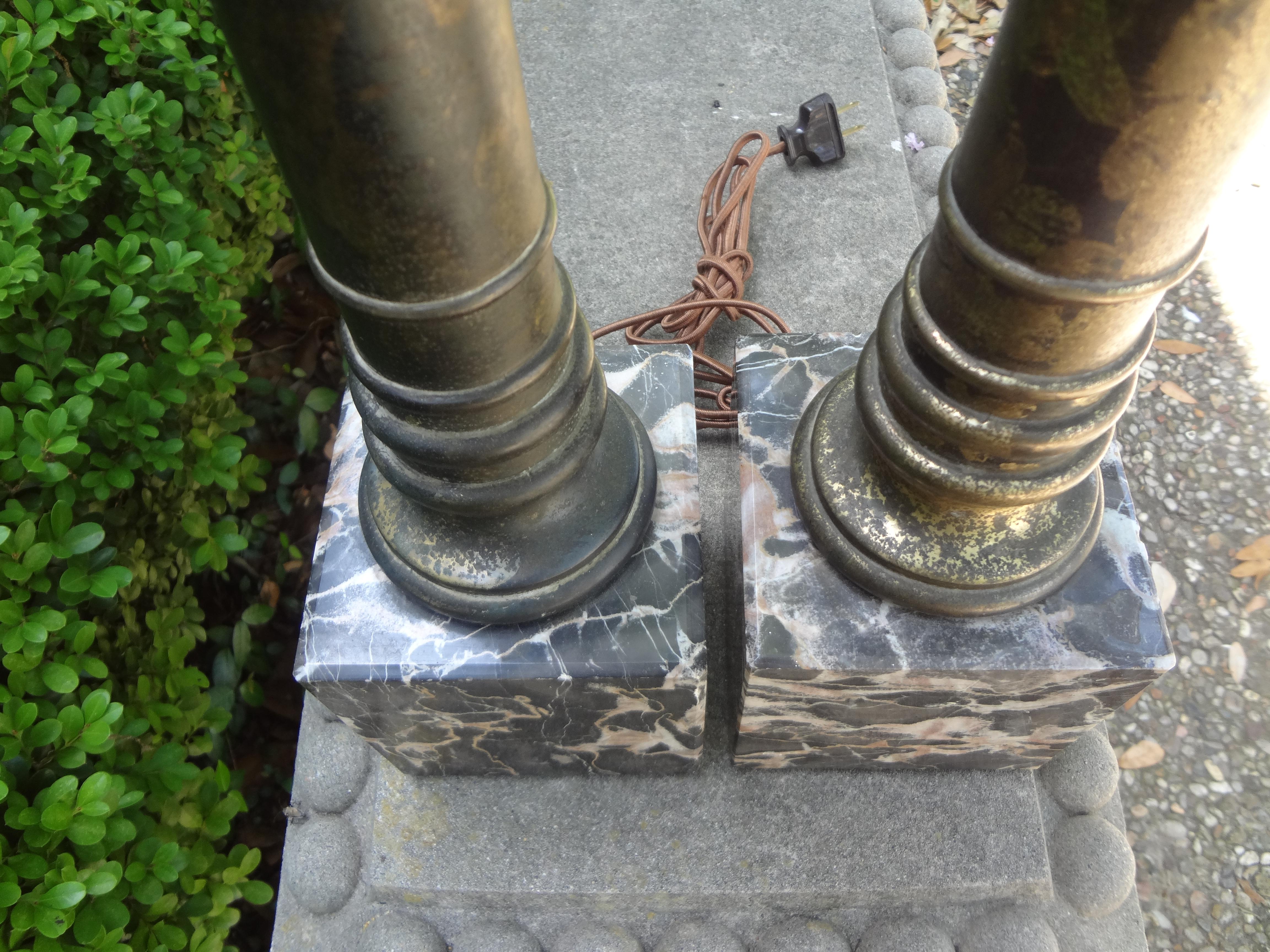 Tôle Pair of Italian Marble and Tole Column Lamps