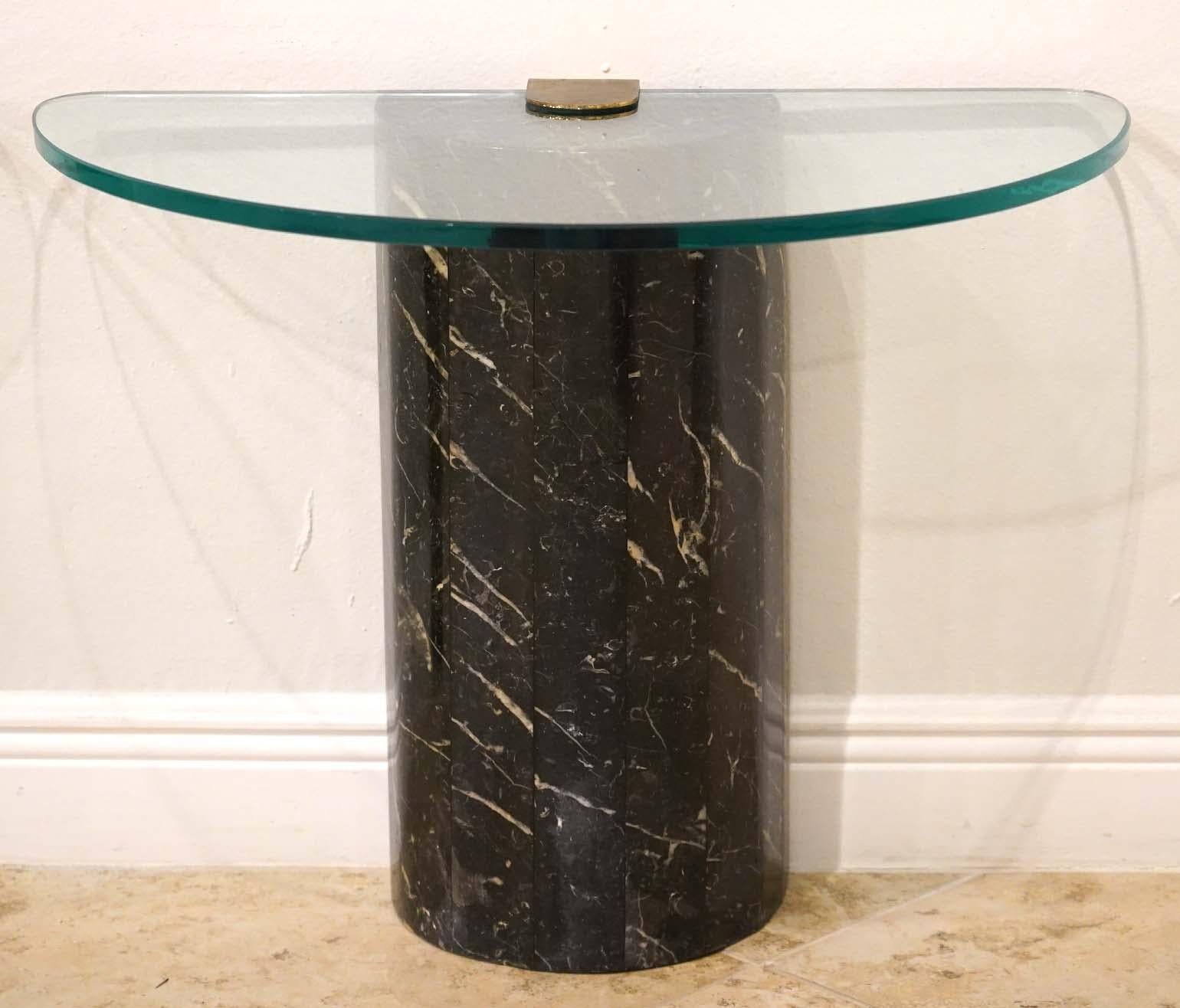 Pair of La Rosa, Florence Italian side tables. Made from marble, glass and brass. Sticker still applied. Marble has some minor cracks but is still structurally sound.