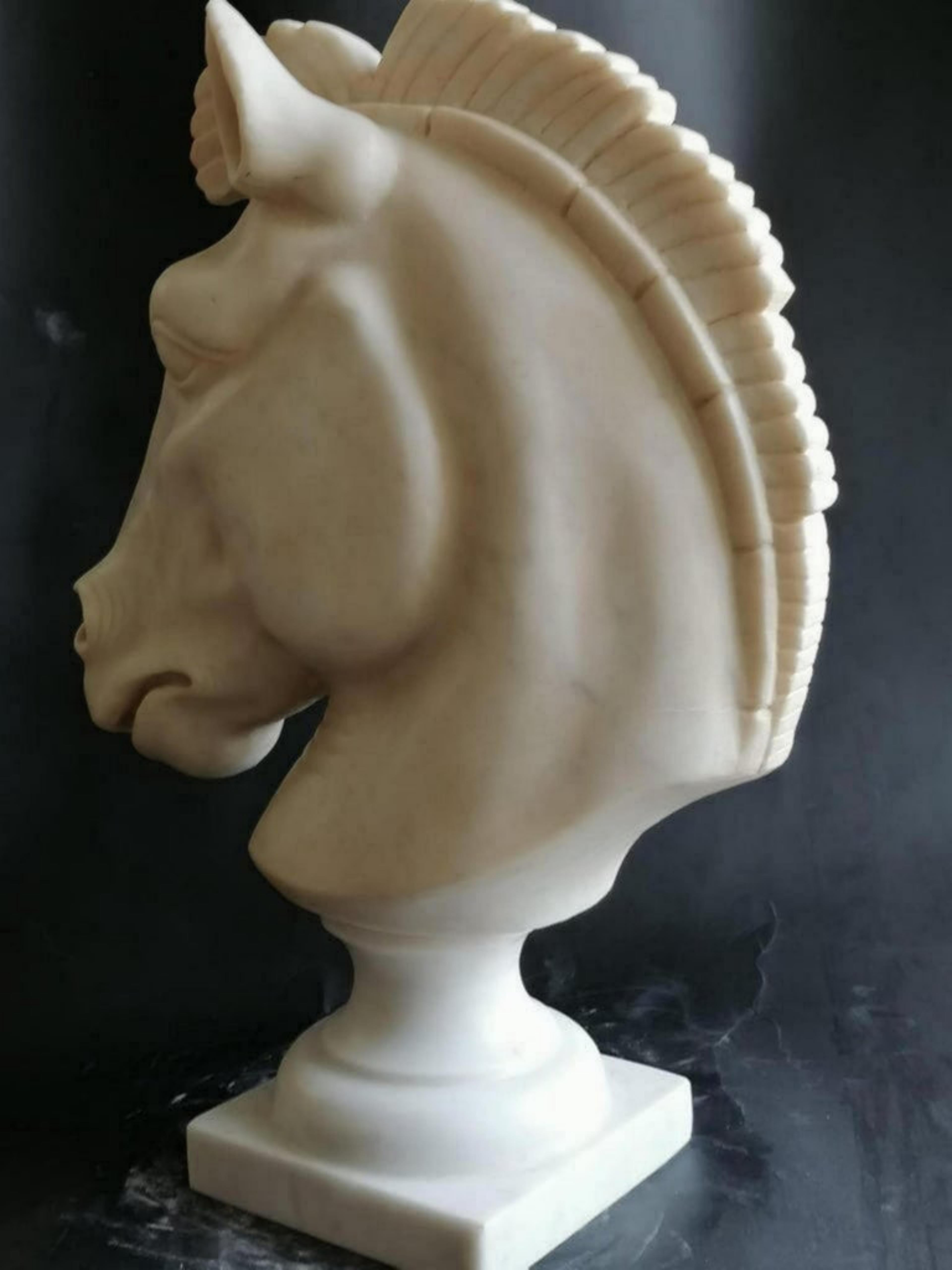 Paar Pferdekopf-Skulpturen auf weißem Carrara-Marmor 
Pferd im klassischen Stil auf einem gedrehten Sockel aus Carrara-Marmor. 
20. Jahrhundert.
Abmessungen: einschließlich Sockel: H 40 x 30 x 13 cm. 
Guter Zustand - gebraucht mit kleinen