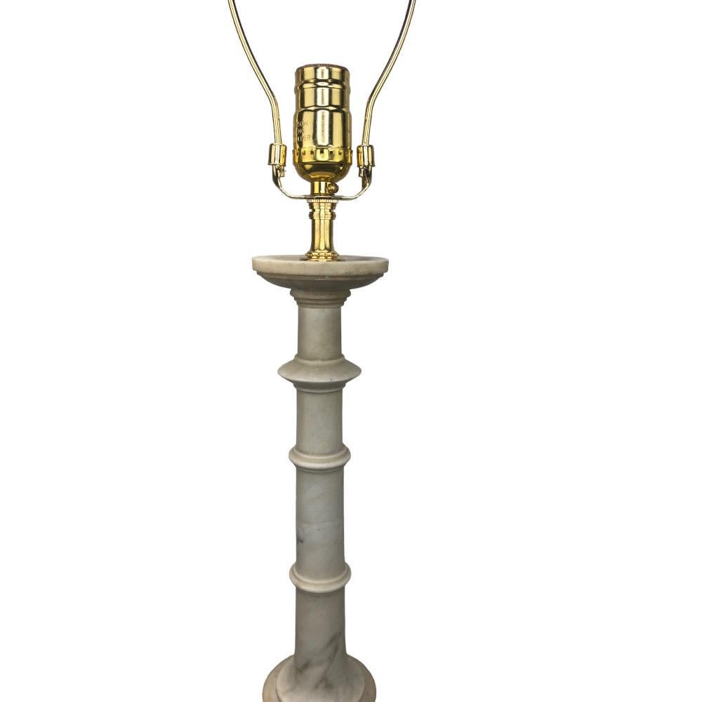 Pair of 19th Century Italian Marble Pricket Sticks Mounted As Lamps.  Hand crafted from the finest Italian carrara marble, these candlesticks would have had a bronze pricket at the top to hold a candle hence the name 