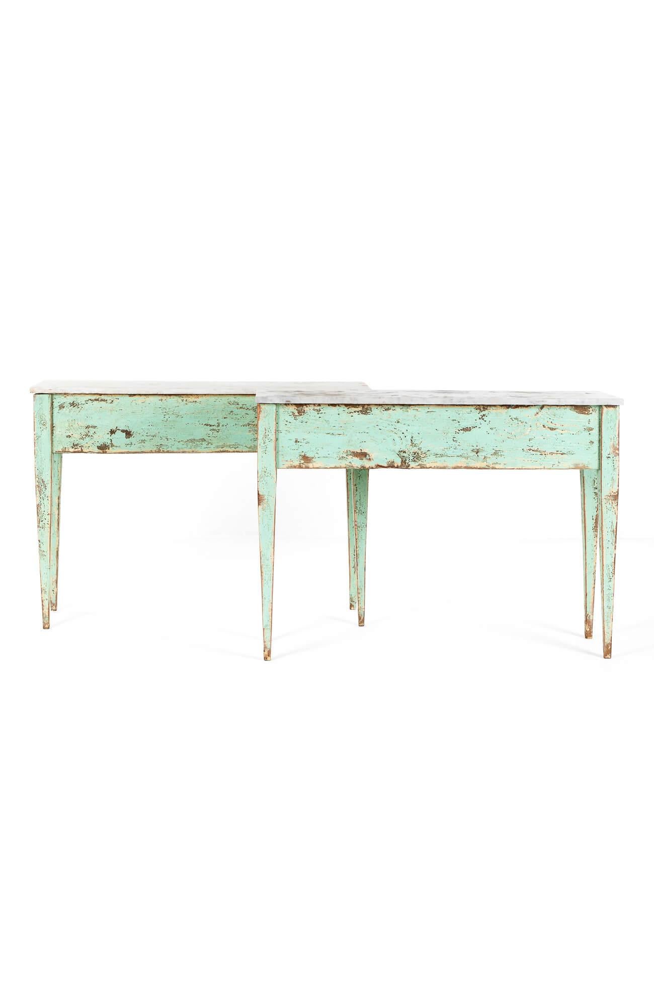 Hand-Crafted Pair of Italian Marble Console Tables For Sale