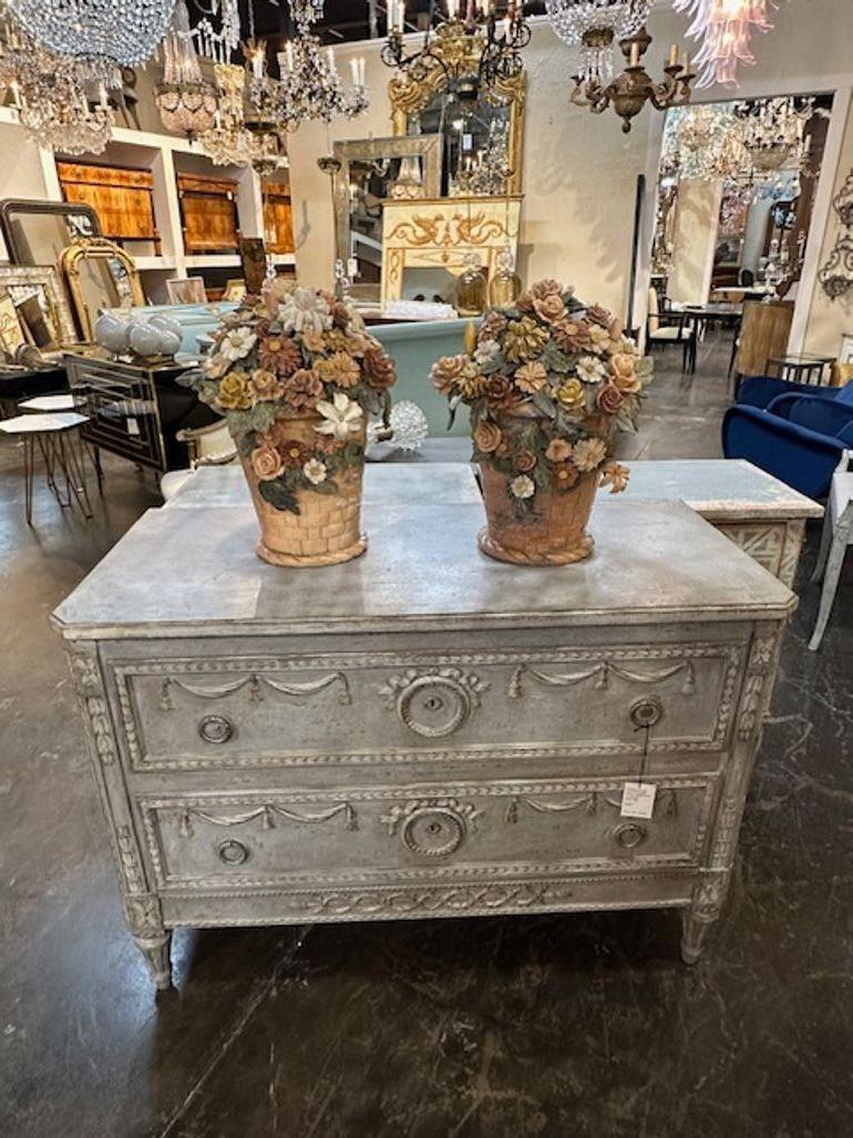 Pair of Italian multi-color carved marble flower baskets. Circa 1920. Sure to make a statement!