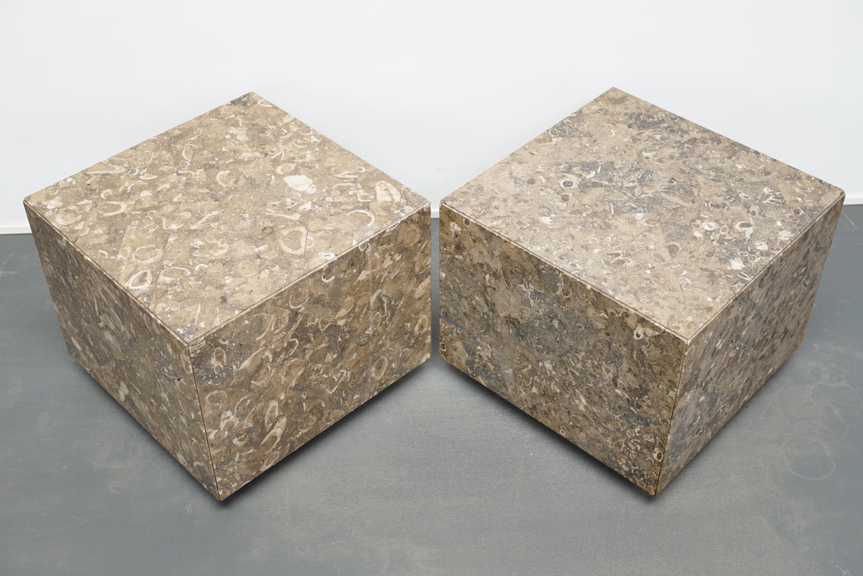 Mid-Century Modern Pair of Italian Marble or Fossil Cube Side Tables