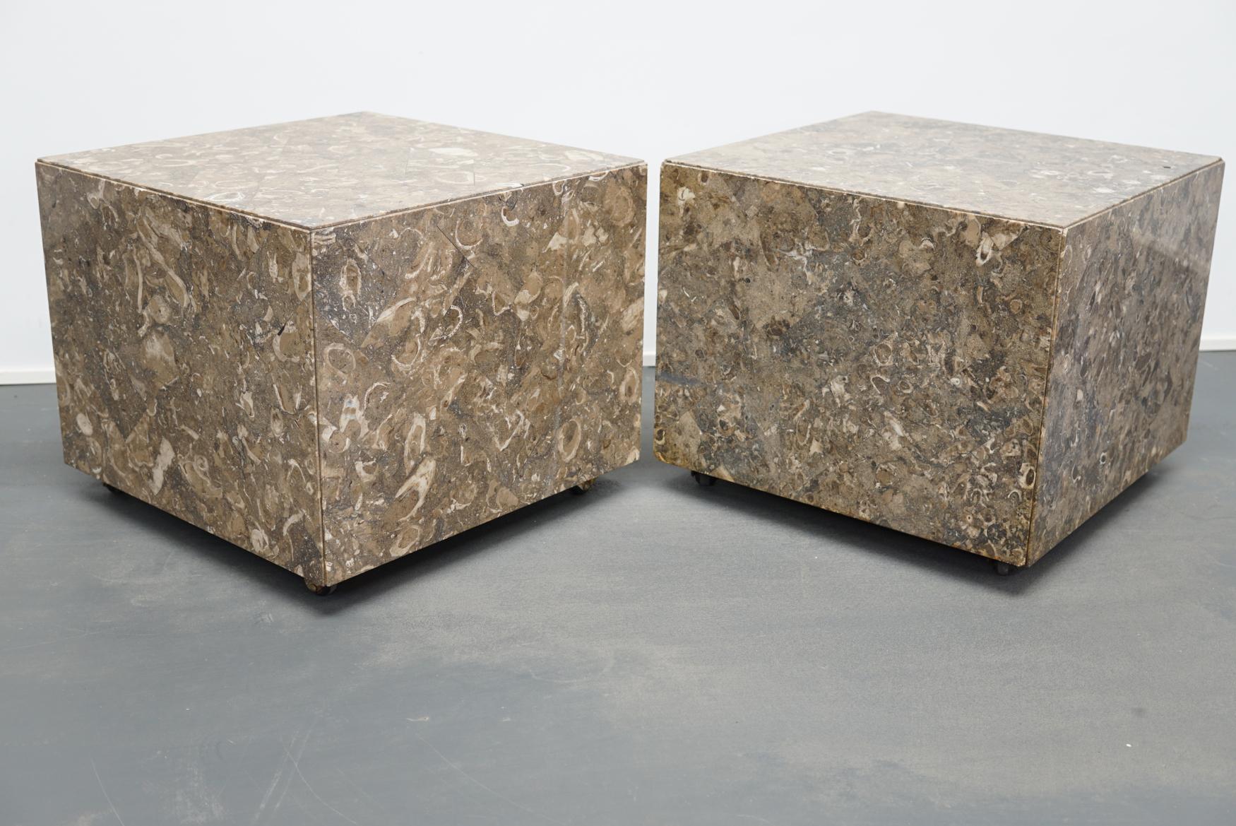 Late 20th Century Pair of Italian Marble or Fossil Cube Side Tables