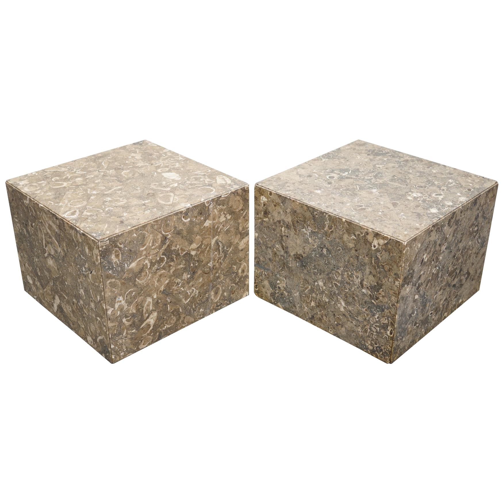 Pair of Italian Marble or Fossil Cube Side Tables