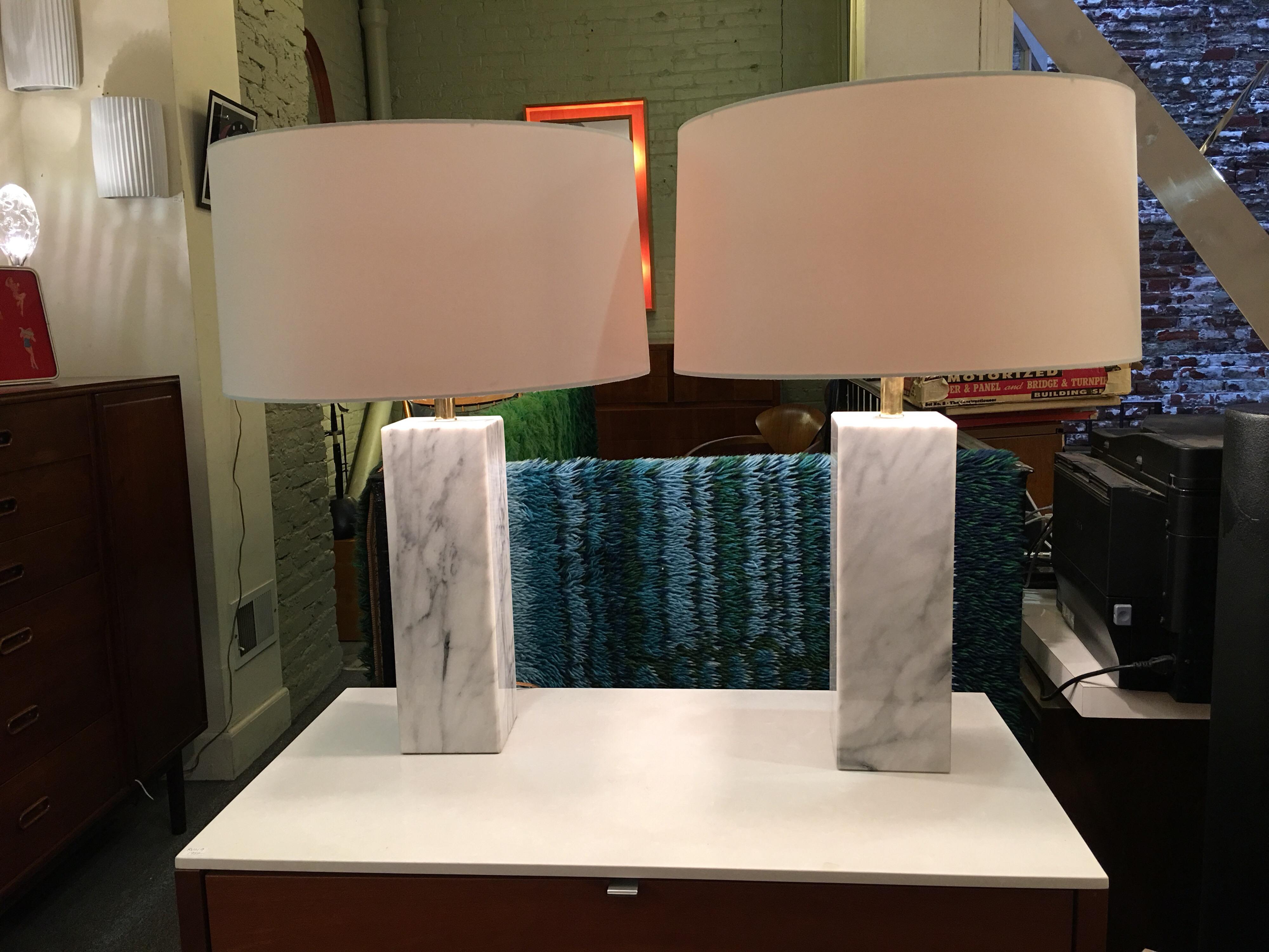 Nice pair of solid Italian marble square lamps. Nice scale with brass collars above the marble. Measures: Shown with 19