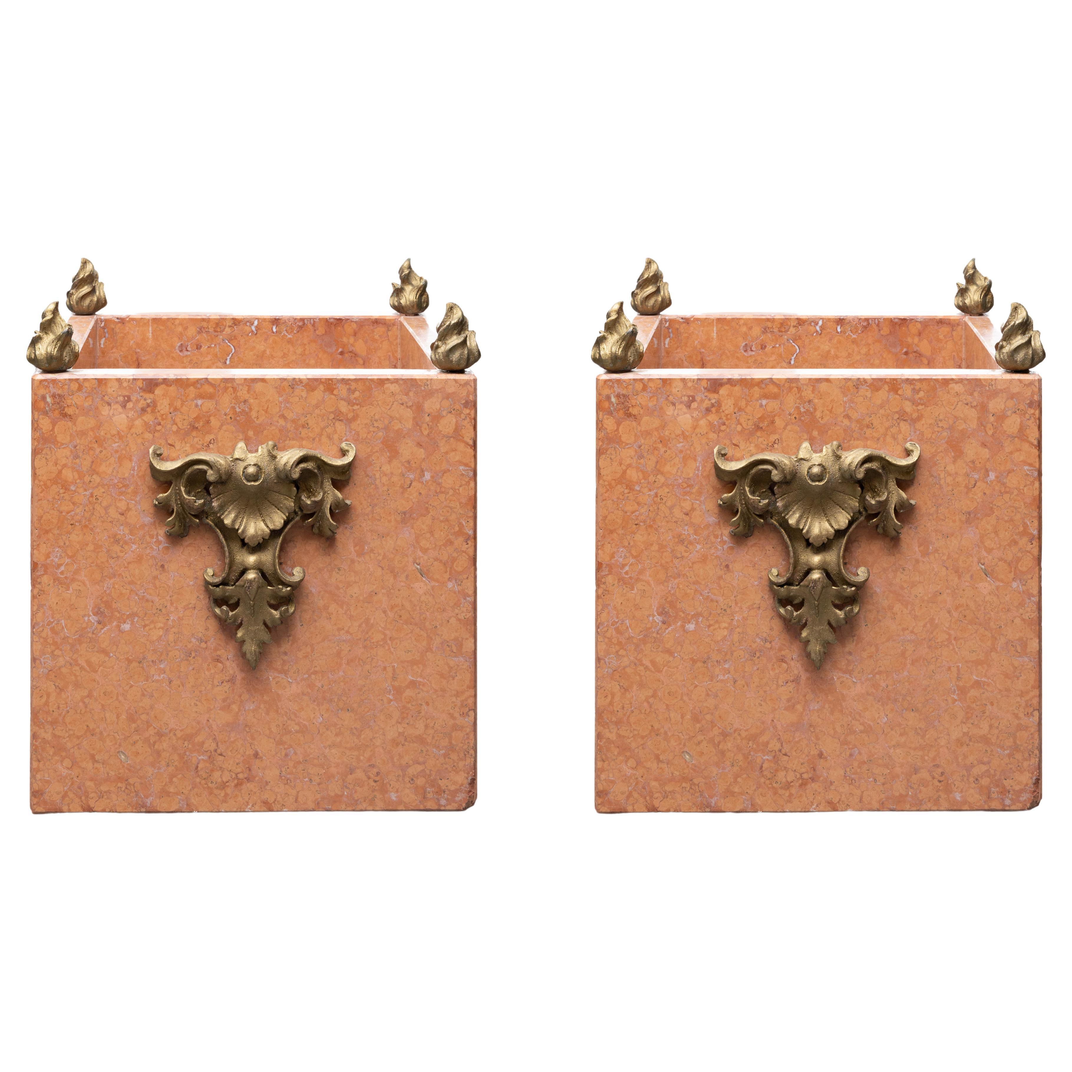Pair of Italian Marble Planters with Gilt Metal Mounts