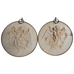 Pair of Italian Marble Shields with Allegorical Figures and Iron Mounts, C. 1840