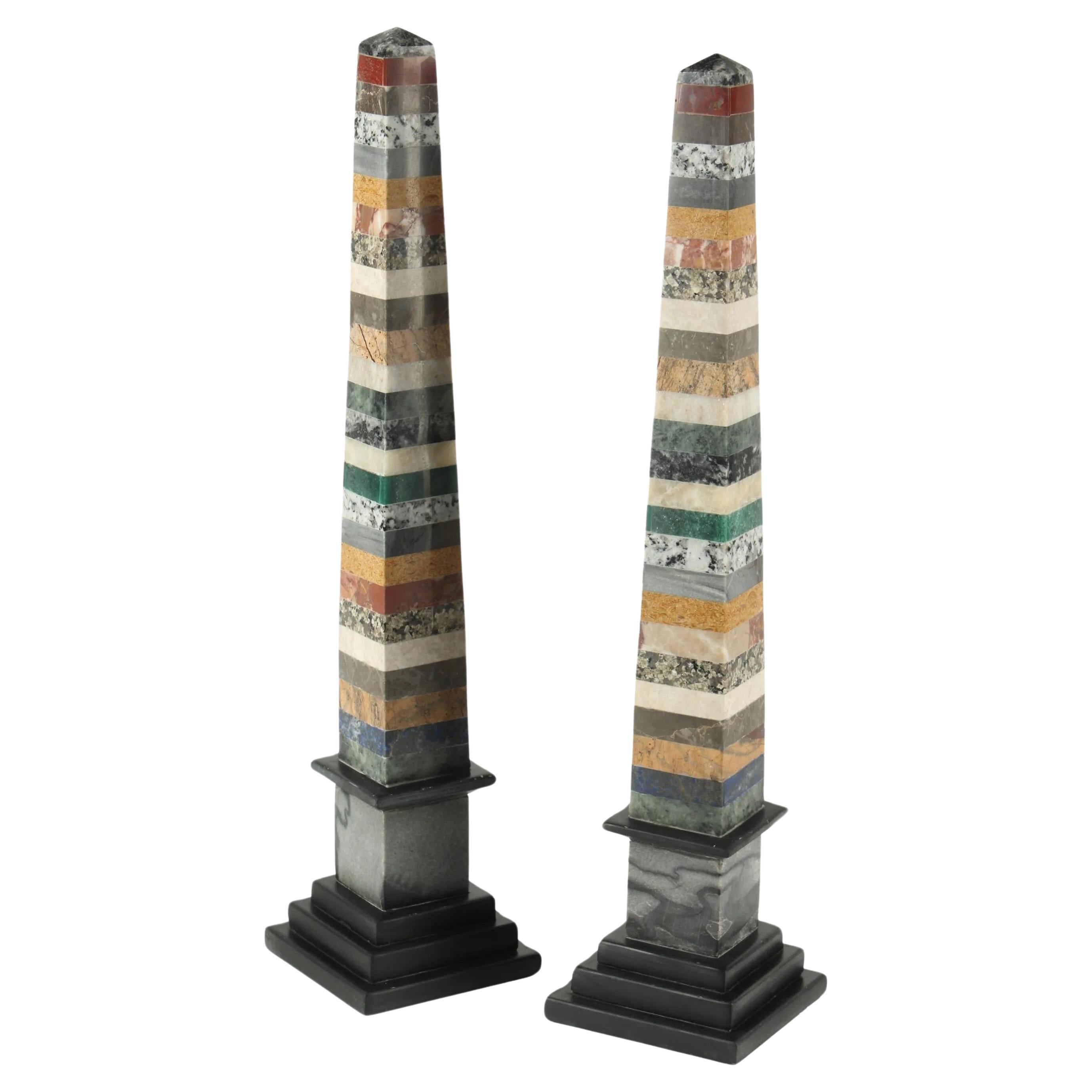 Pair of Italian Marble Specimen Obelisks For Sale