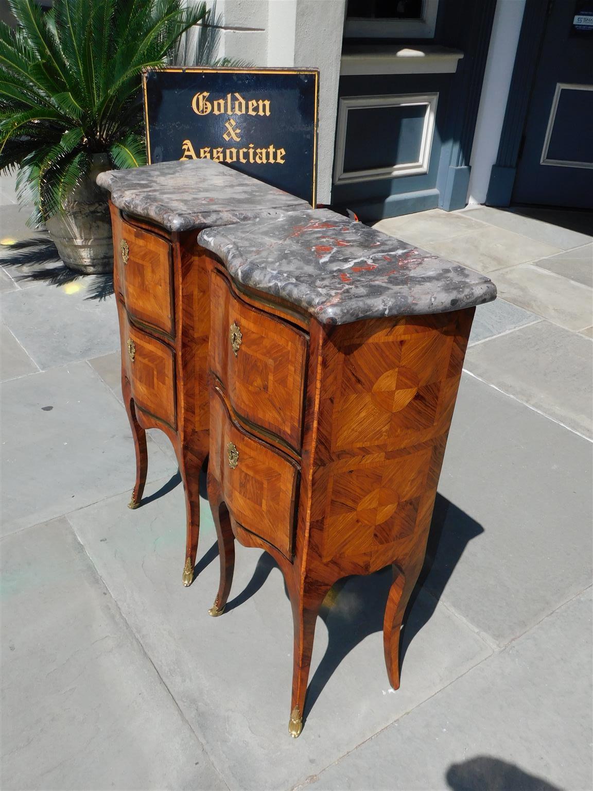 Louis XVI Pair of Italian Marble Top Marquetry Inlaid Serpentine Commodes, Circa 1790