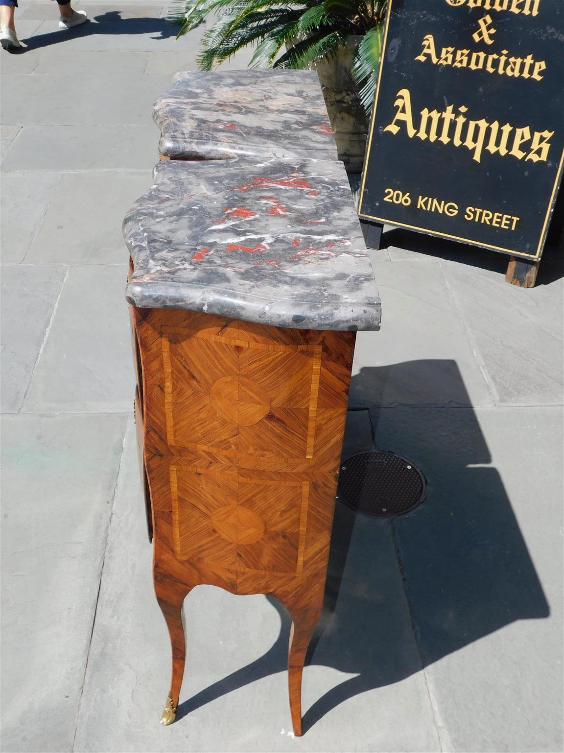 Pair of Italian Marble Top Marquetry Inlaid Serpentine Commodes, Circa 1790 In Excellent Condition In Hollywood, SC