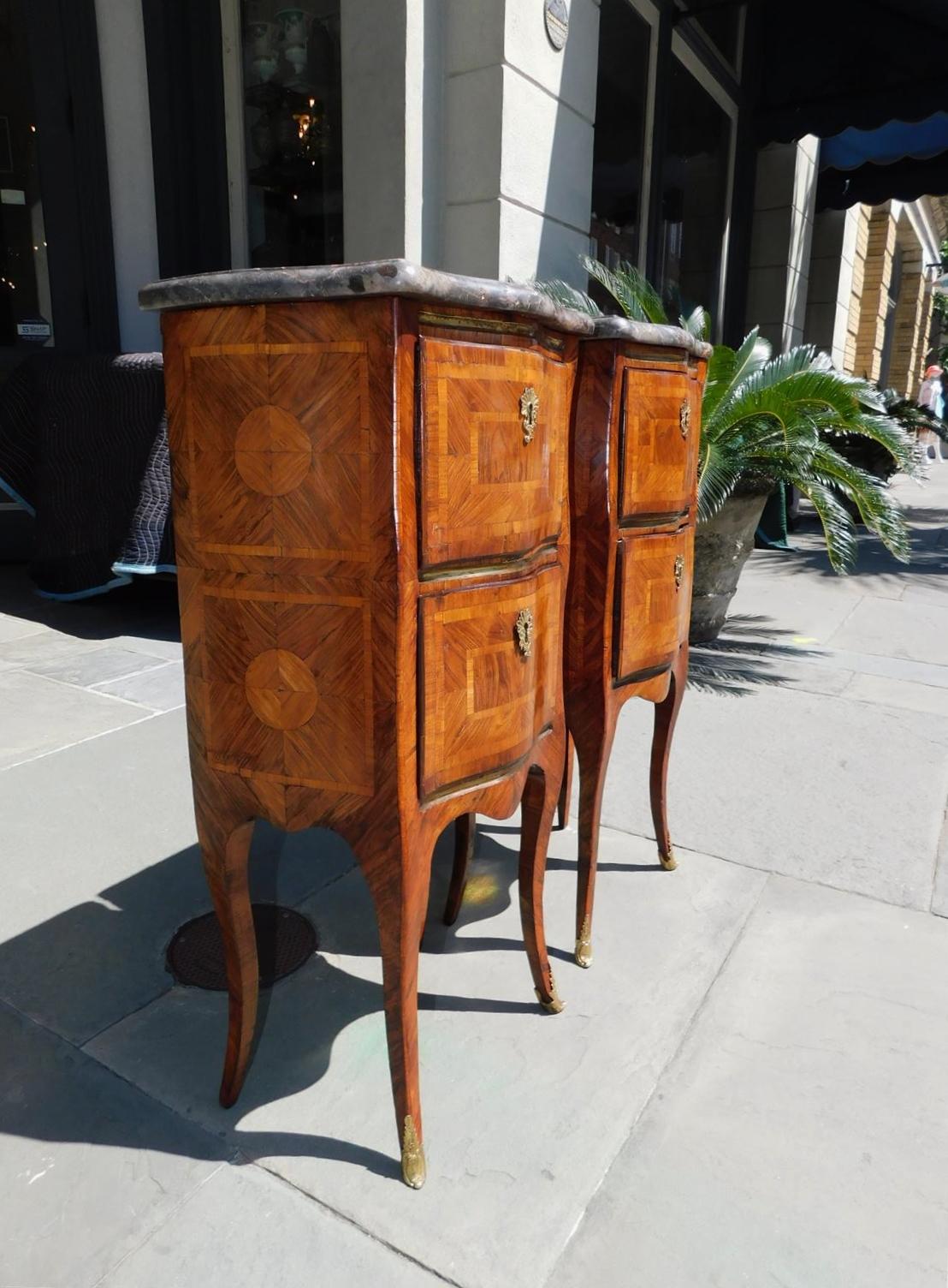 Late 18th Century Pair of Italian Marble Top Marquetry Inlaid Serpentine Commodes, Circa 1790