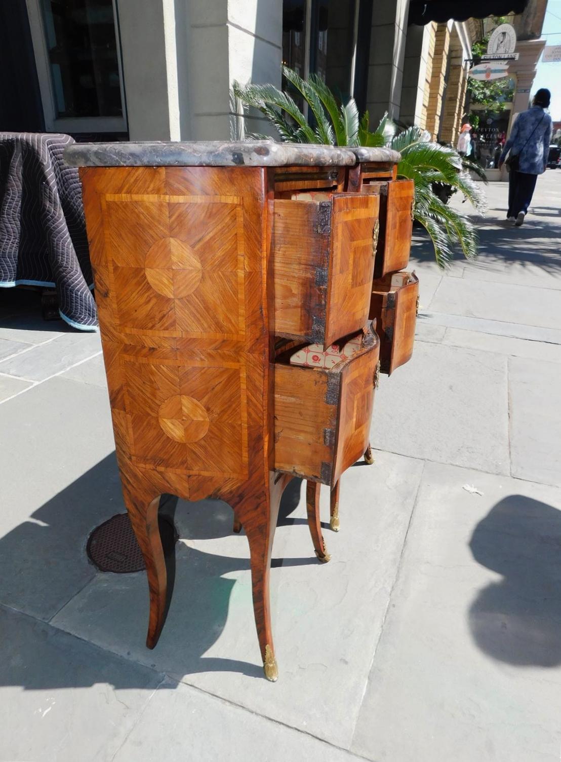 Pair of Italian Marble Top Marquetry Inlaid Serpentine Commodes, Circa 1790 1