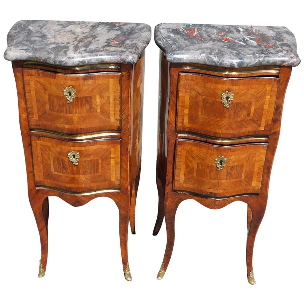 Pair of Italian Marble Top Marquetry Inlaid Serpentine Commodes, Circa 1790
