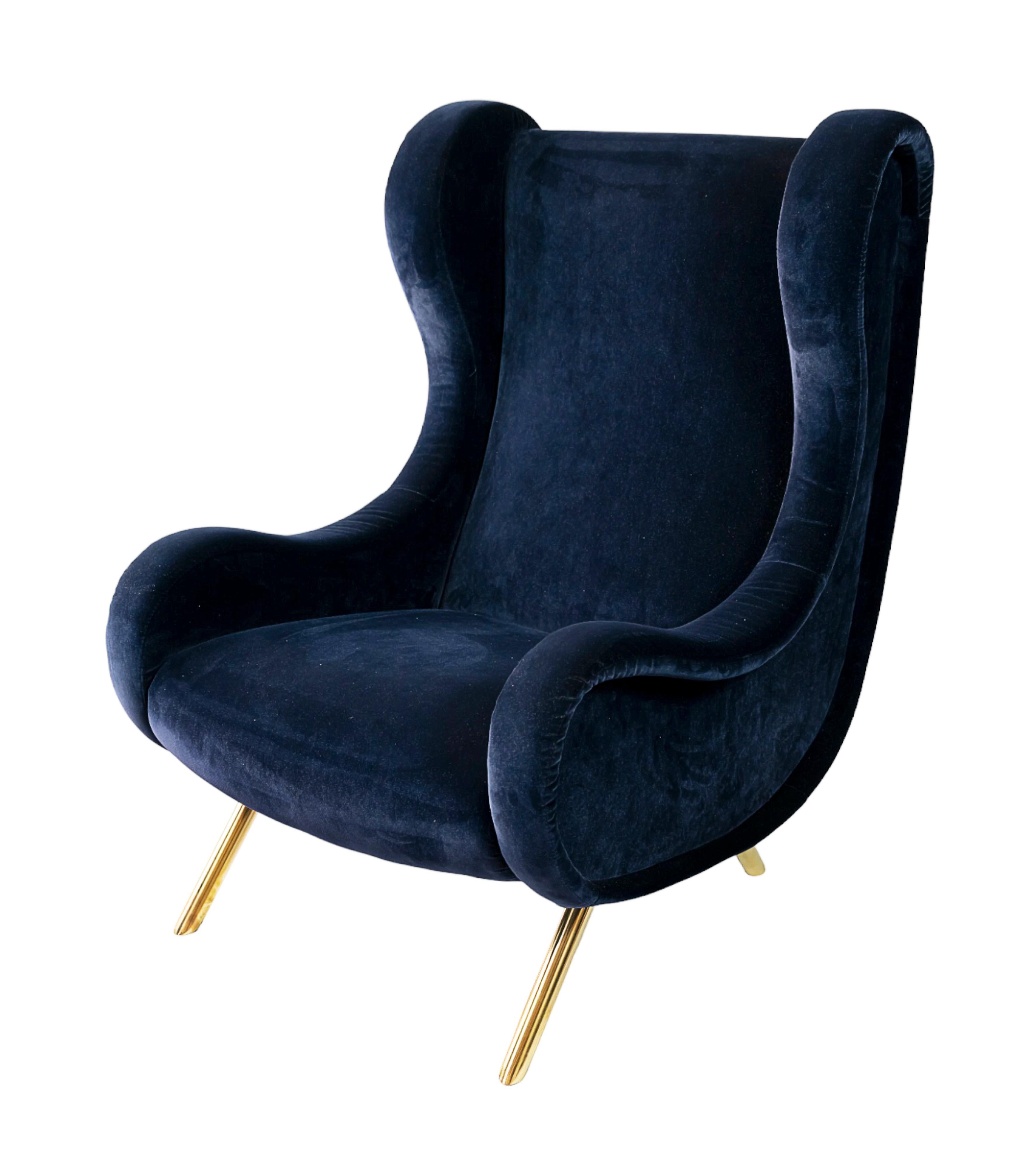 Pair of Italian armchairs in Marco Zanuso style, from 1990's. Decorated with brass legs and new upholstered with dark blue color velour textile.