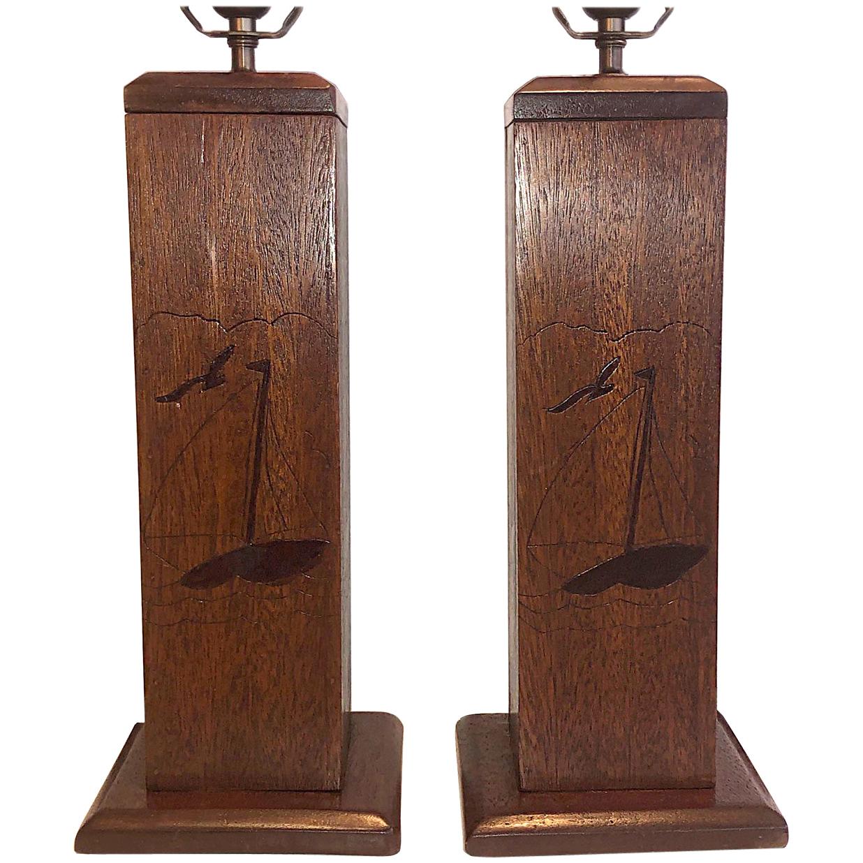 Pair of Italian Marquetry Nautical Lamps