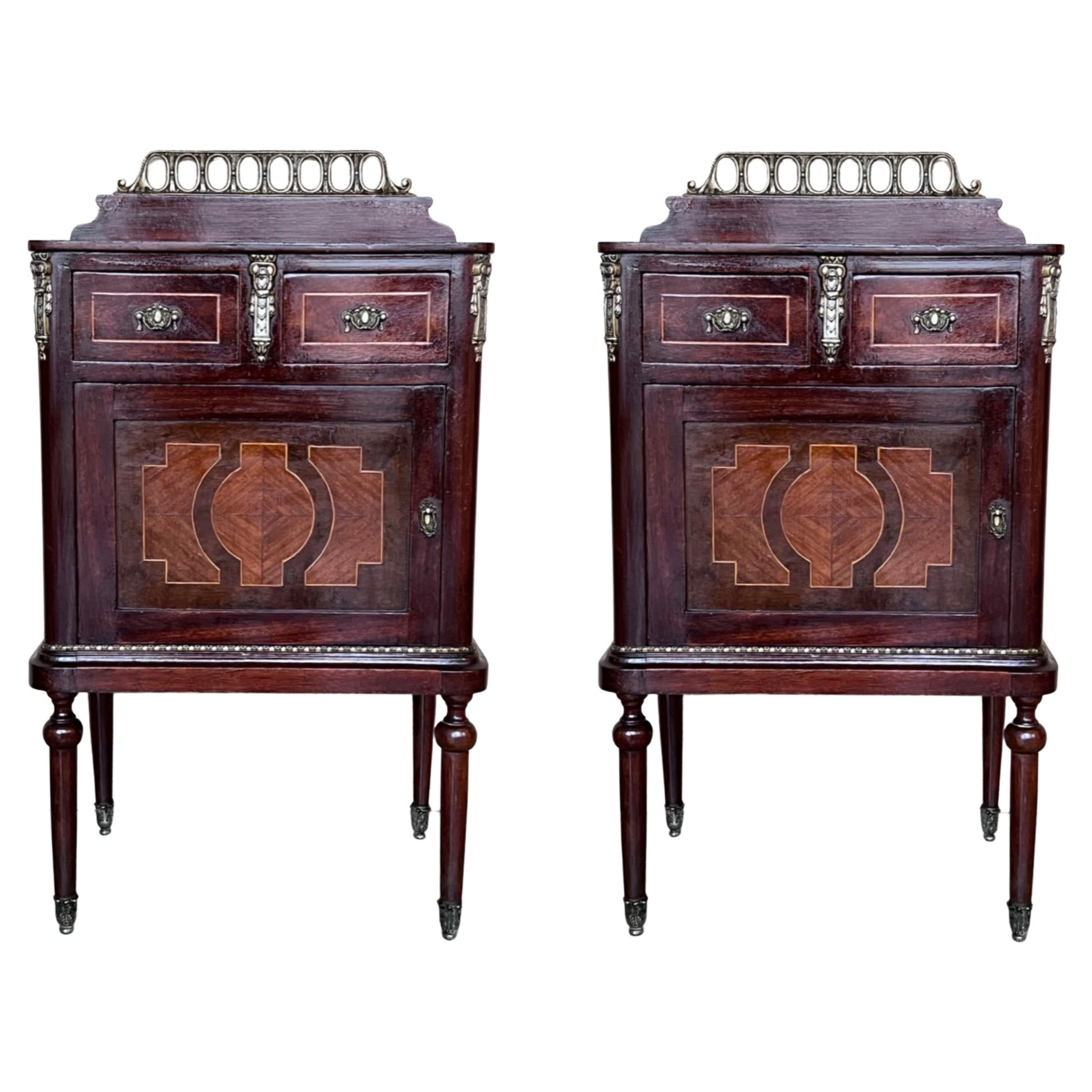 Pair of Italian Marquetry Nightstands with Bronze Crest, drawers and doors For Sale