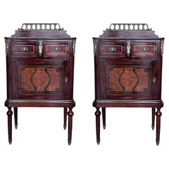 Pair of Italian Marquetry Nightstands with Bronze Crest, drawers and doors