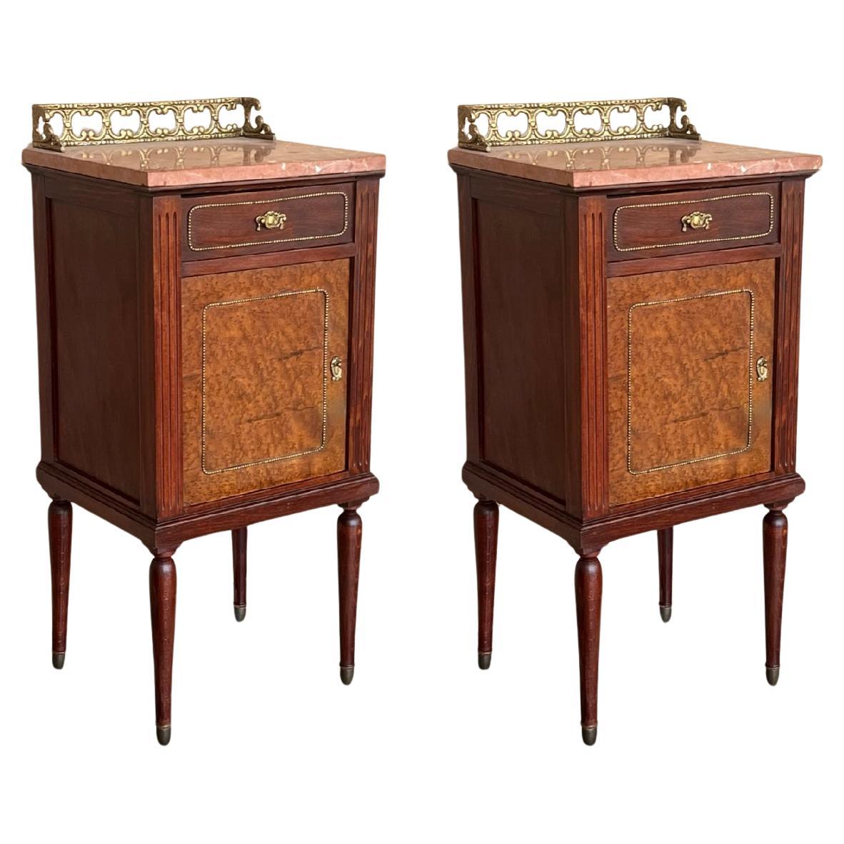 Pair of Italian Marquetry Nightstands with Bronze Crest, drawers and doors For Sale