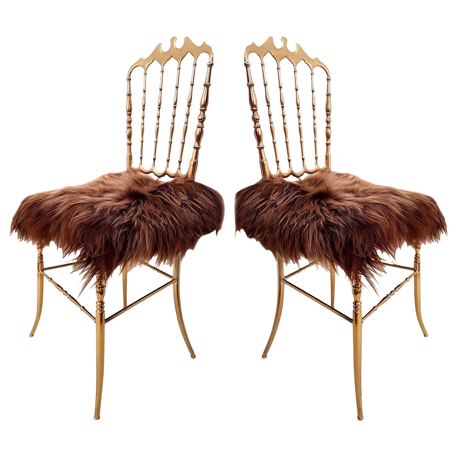 Pair of Italian Massive Brass Chairs by Chiavari, Upholstery Iceland Wol