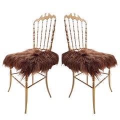 Pair of Italian Massive Brass Chairs by Chiavari, Upholstery Iceland Wol