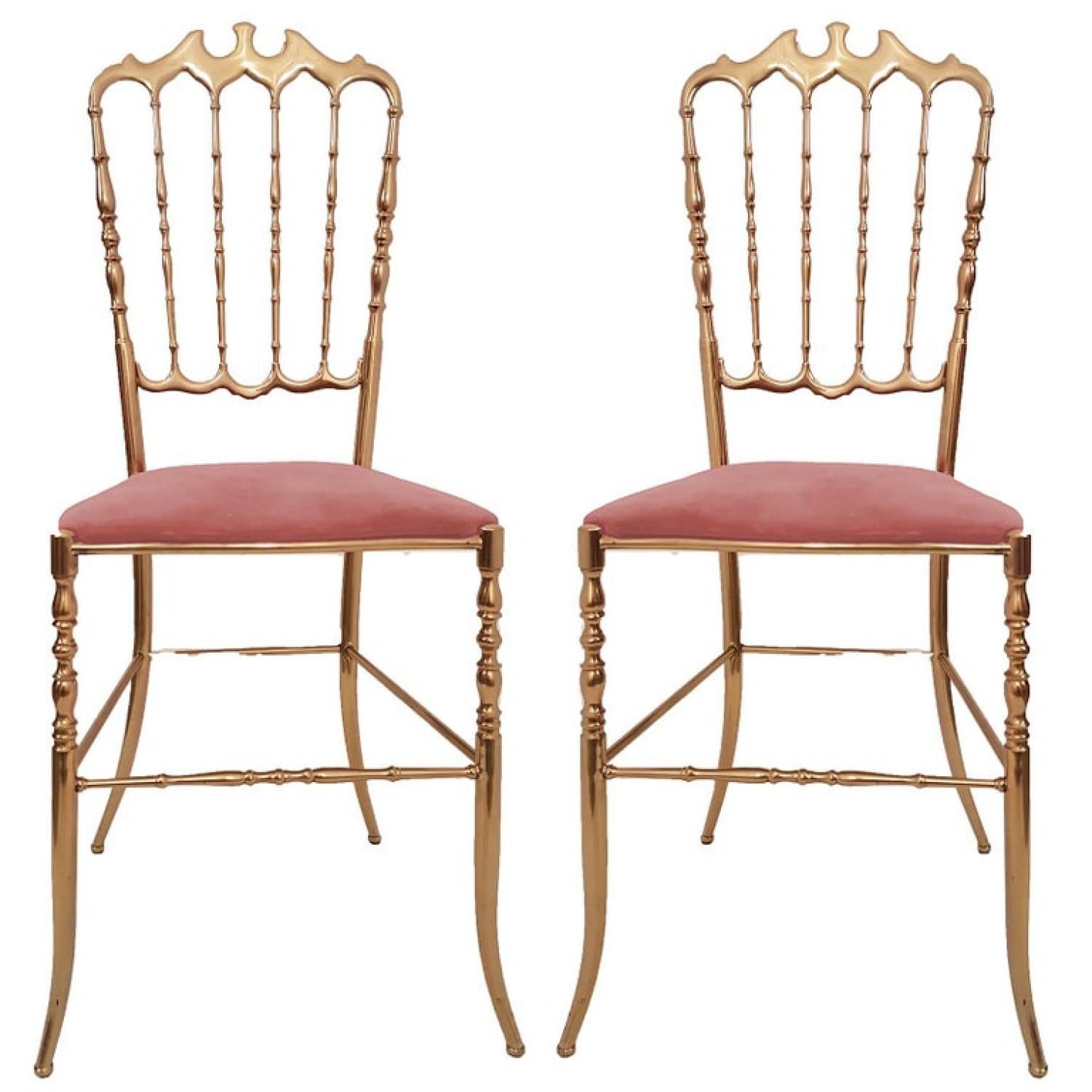 Mid-Century Modern Pair of Italian Massive Brass Chairs by Chiavari, Upholstery Pink Velvet