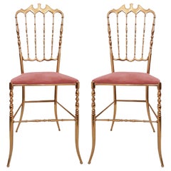 Pair of Italian Massive Brass Chairs by Chiavari, Upholstery Pink Velvet