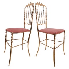 Pair of Italian Massive Brass Chairs by Chiavari, Upholstery Pink Velvet